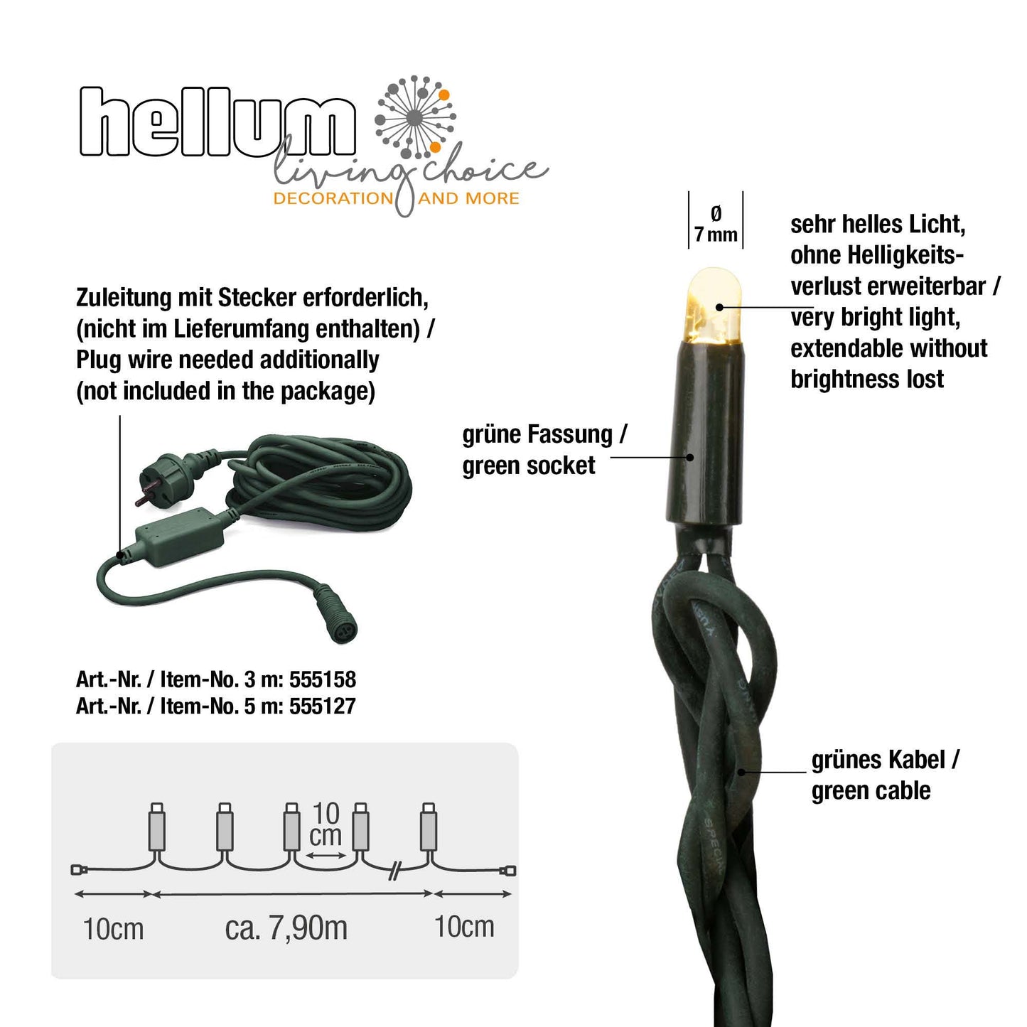 80-tlg. LED-Lichterkette "System-Profi", warm-weiß, grünes Kabel, verlängerbar, Verlängerung, ohne Stecker 555110