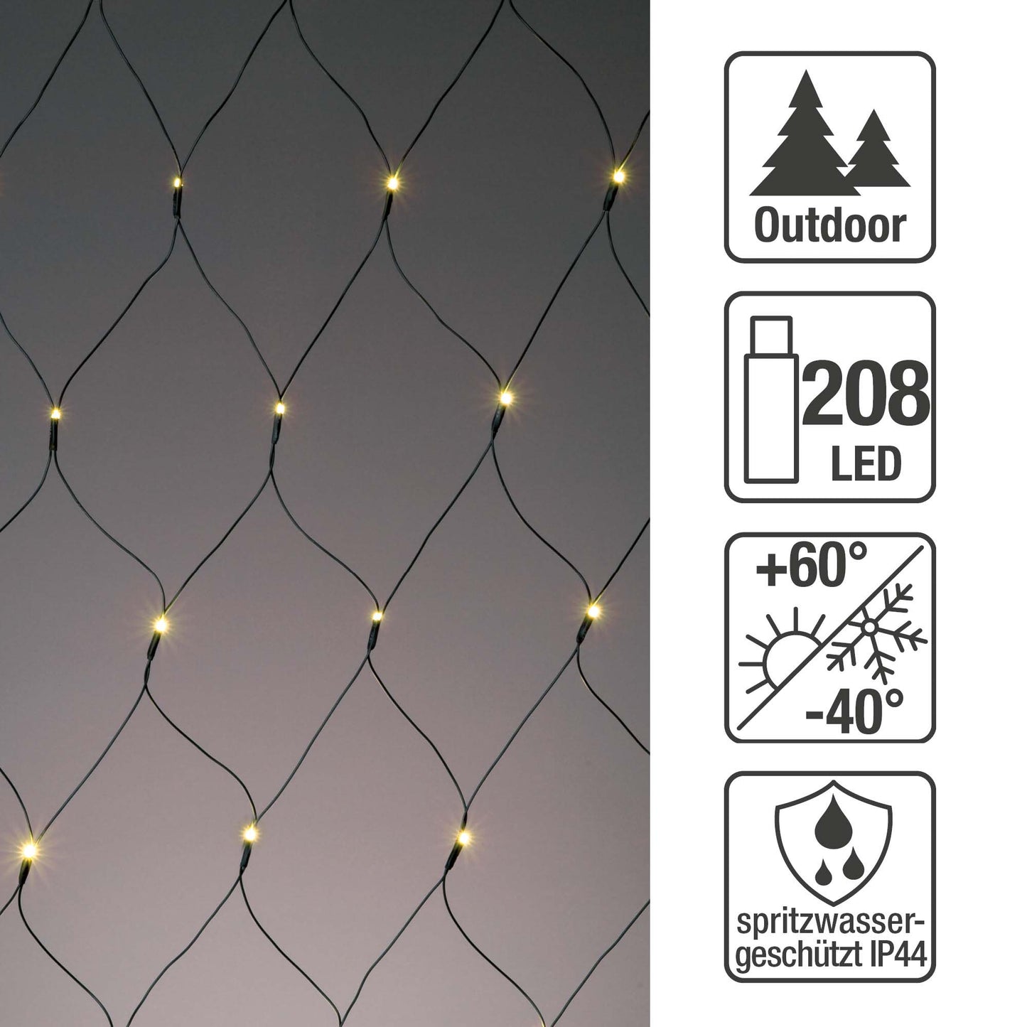 LED-Netz, 208 LEDs ww, 3x3m, verlängerbar, grünes Kabel, ohne Zuleitung