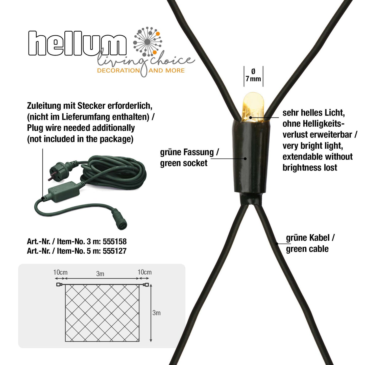 LED-Netz, 208 LEDs ww, 3x3m, verlängerbar, grünes Kabel, ohne Zuleitung