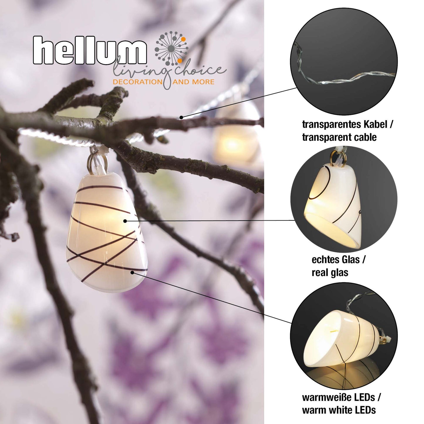 LED-Lichterkette mit Glasdekoration, 6 LEDs ww, Innen-Transformator