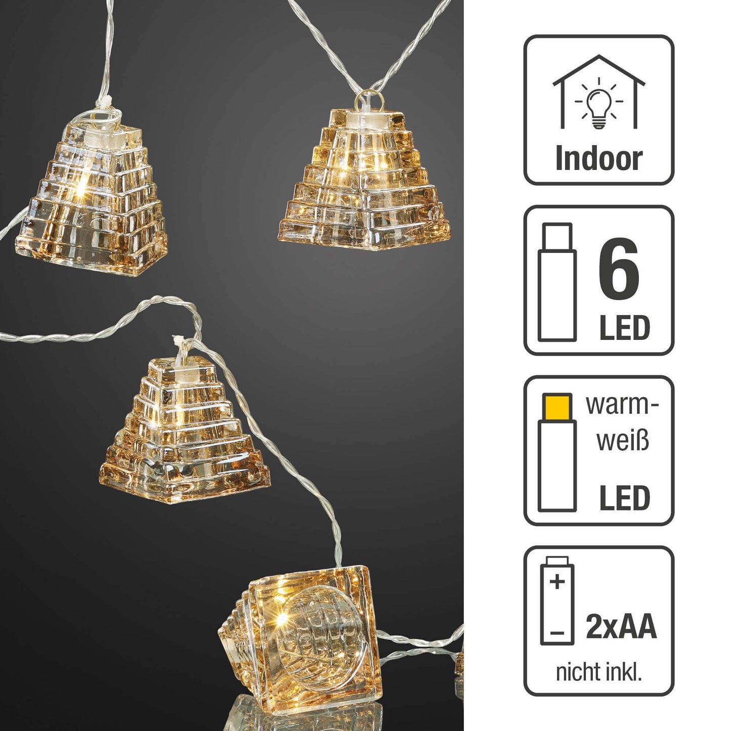 LED-Lichterkette mit Glasdekoration, 6 LEDs ww, batteriebetrieben