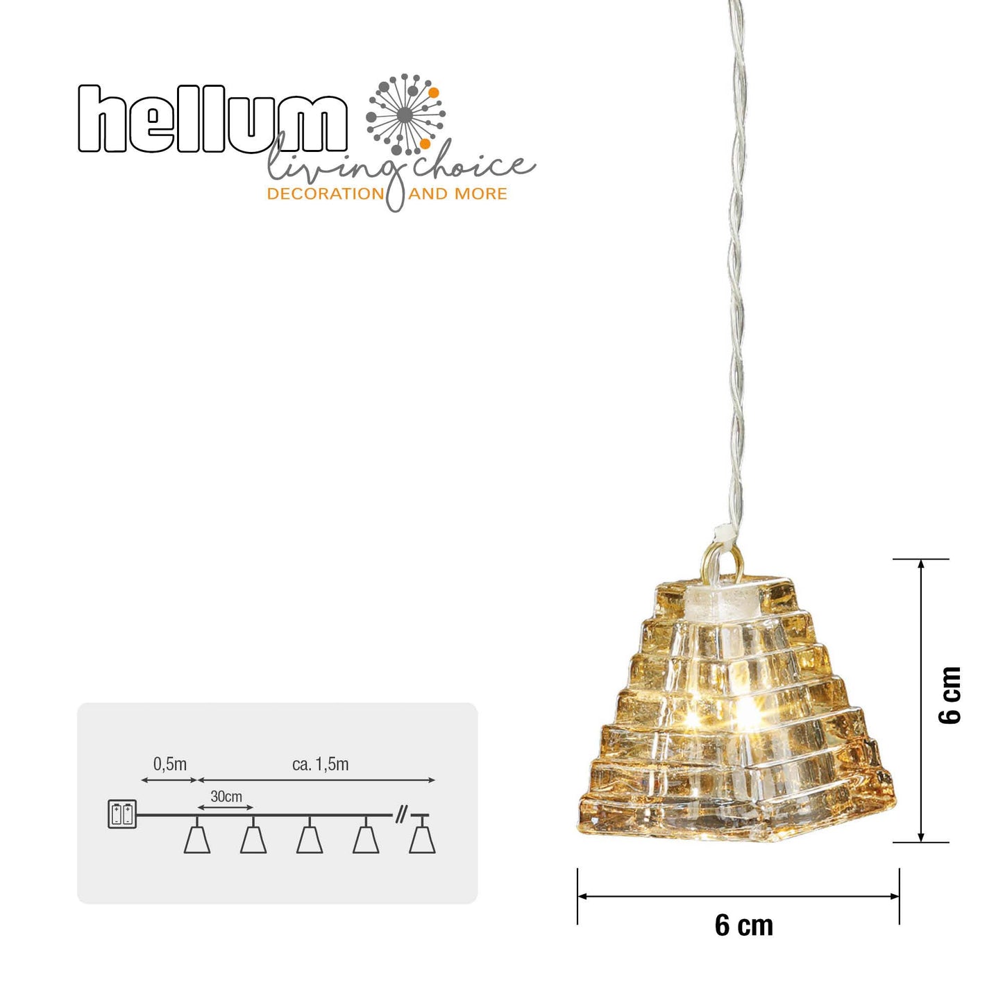 LED-Lichterkette mit Glasdekoration, 6 LEDs ww, batteriebetrieben