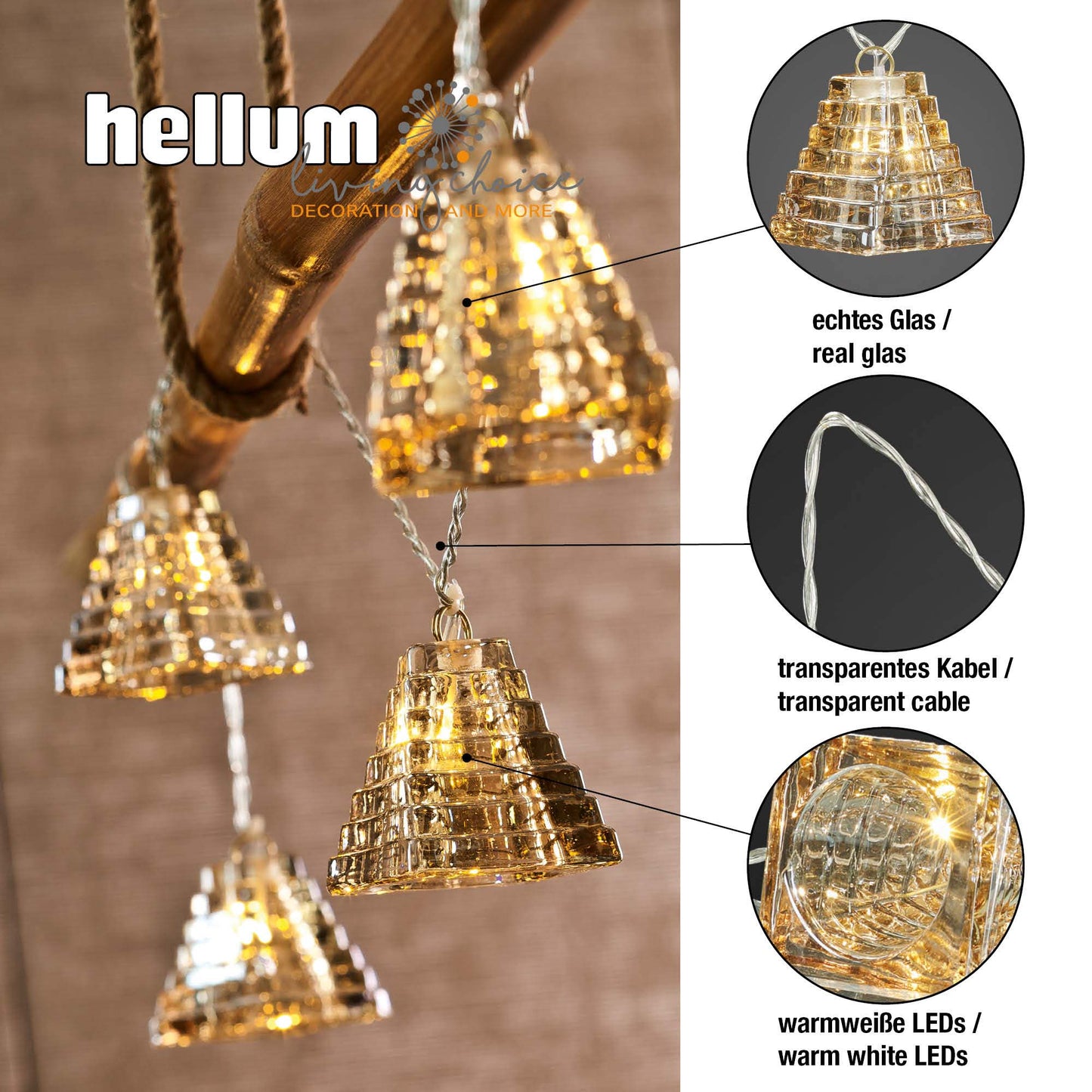 LED-Lichterkette mit Glasdekoration, 6 LEDs ww, batteriebetrieben