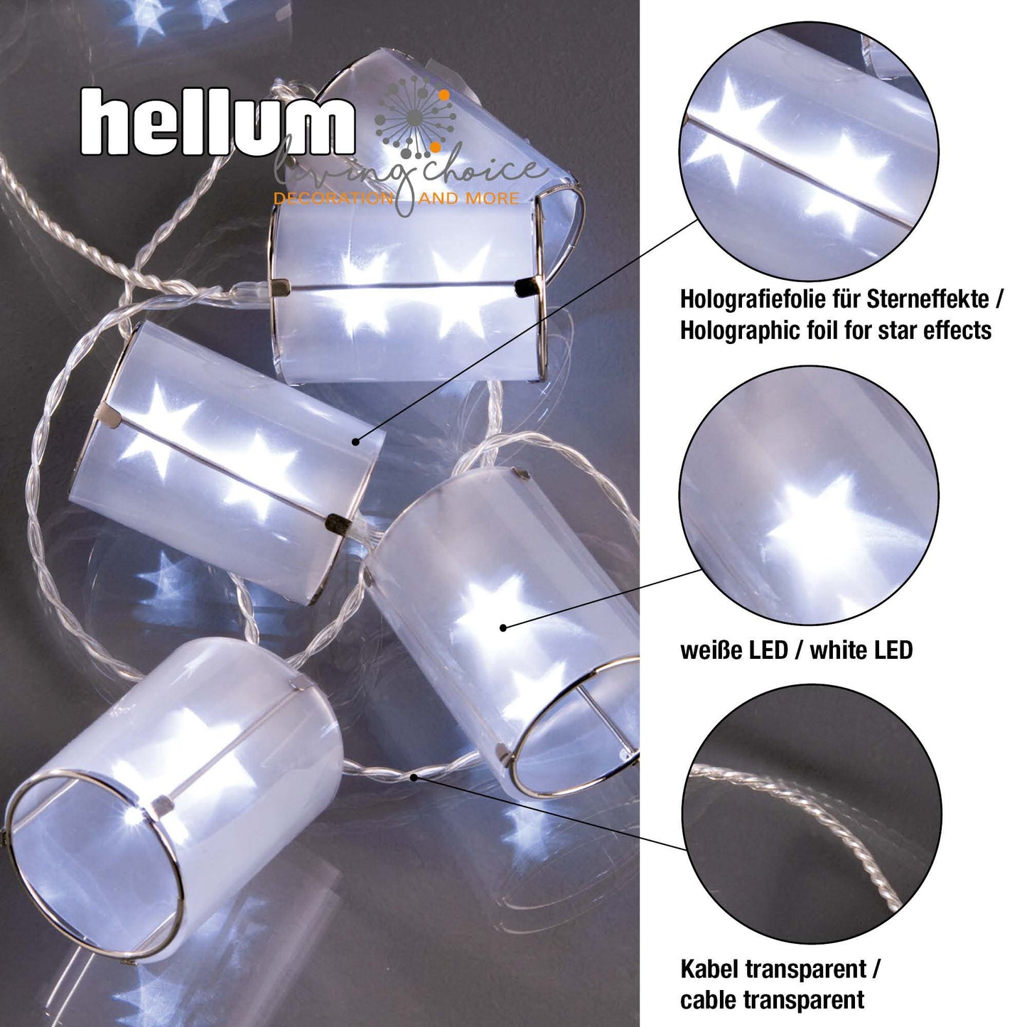10-tlg. LED-Lichterkette mit 10 Holografie-Laternen