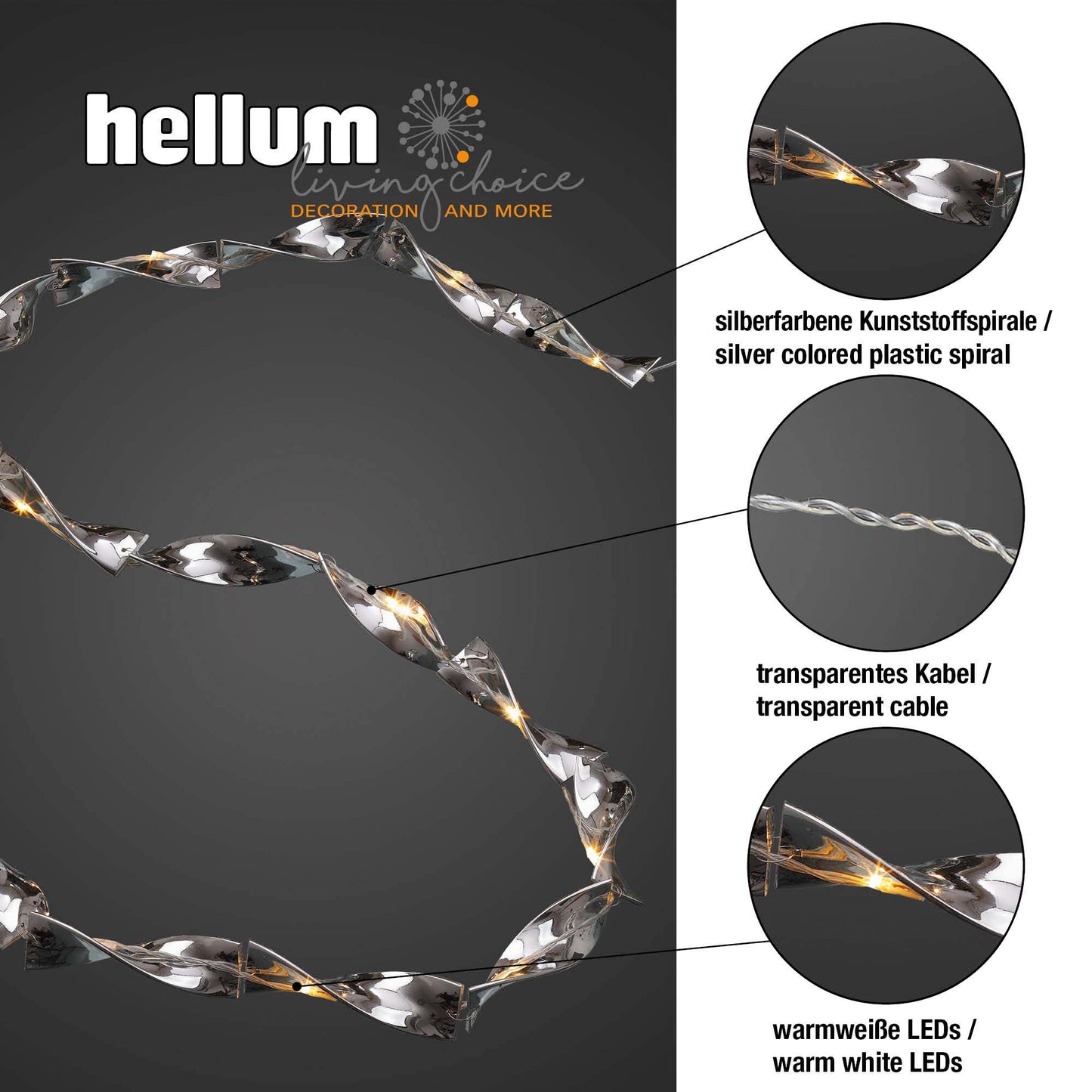 LED-Dekolichterkette, Spiralen in Silberoptik, 15 LEDs ww, batteriebetrieben