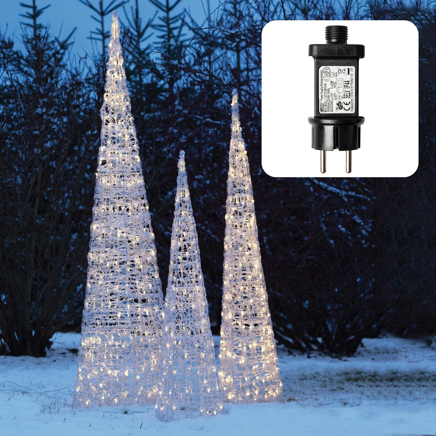 LED-Acryl-Pyramide, 150 LEDs ww, H: 150 cm, Außen-Transformator