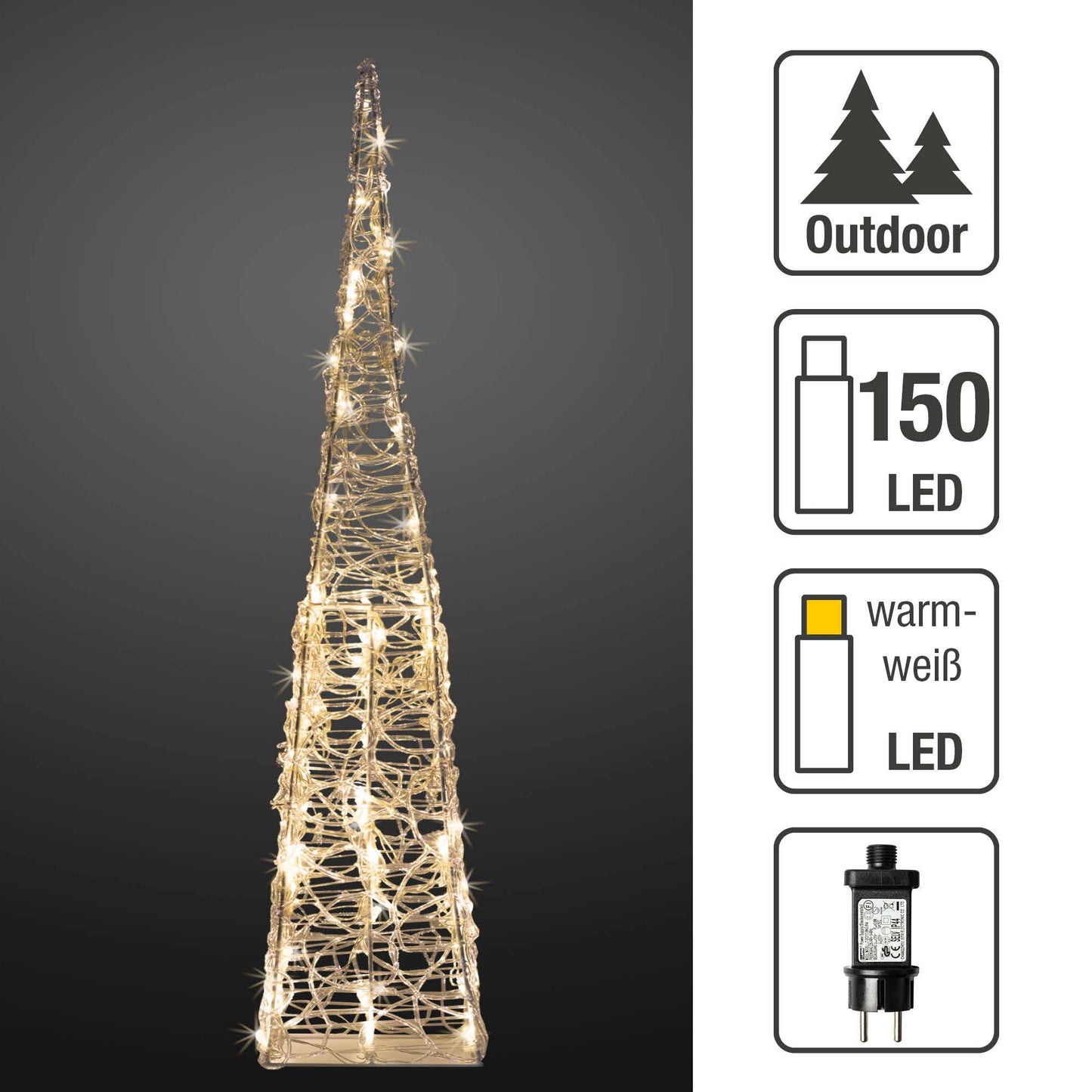 LED-Acryl-Pyramide, 150 LEDs ww, H: 150 cm, Außen-Transformator