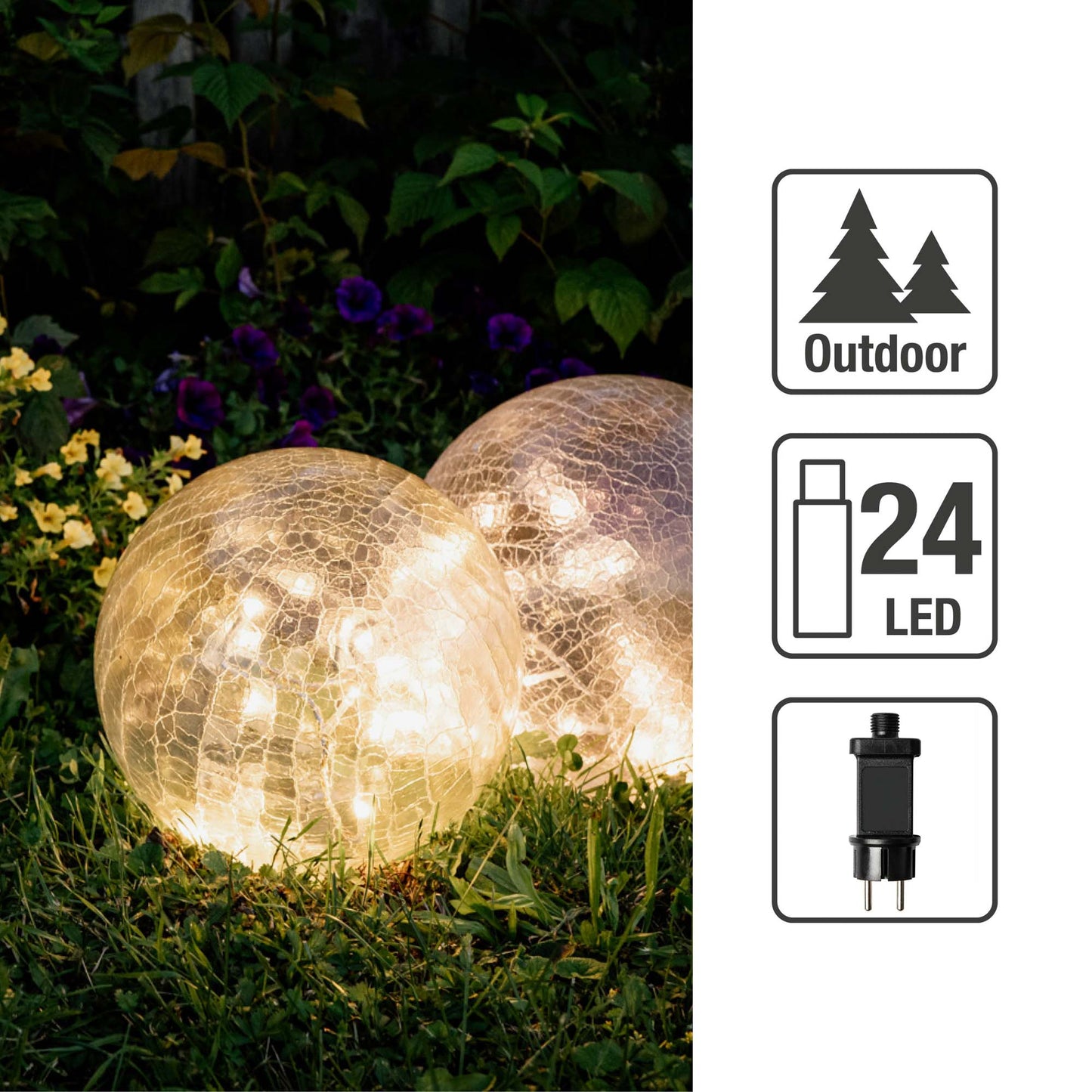 LED-Dekokugel Rissoptik, transparent, 24 warm-weiße LEDs, 25 cm Ø, Außen-Transformator