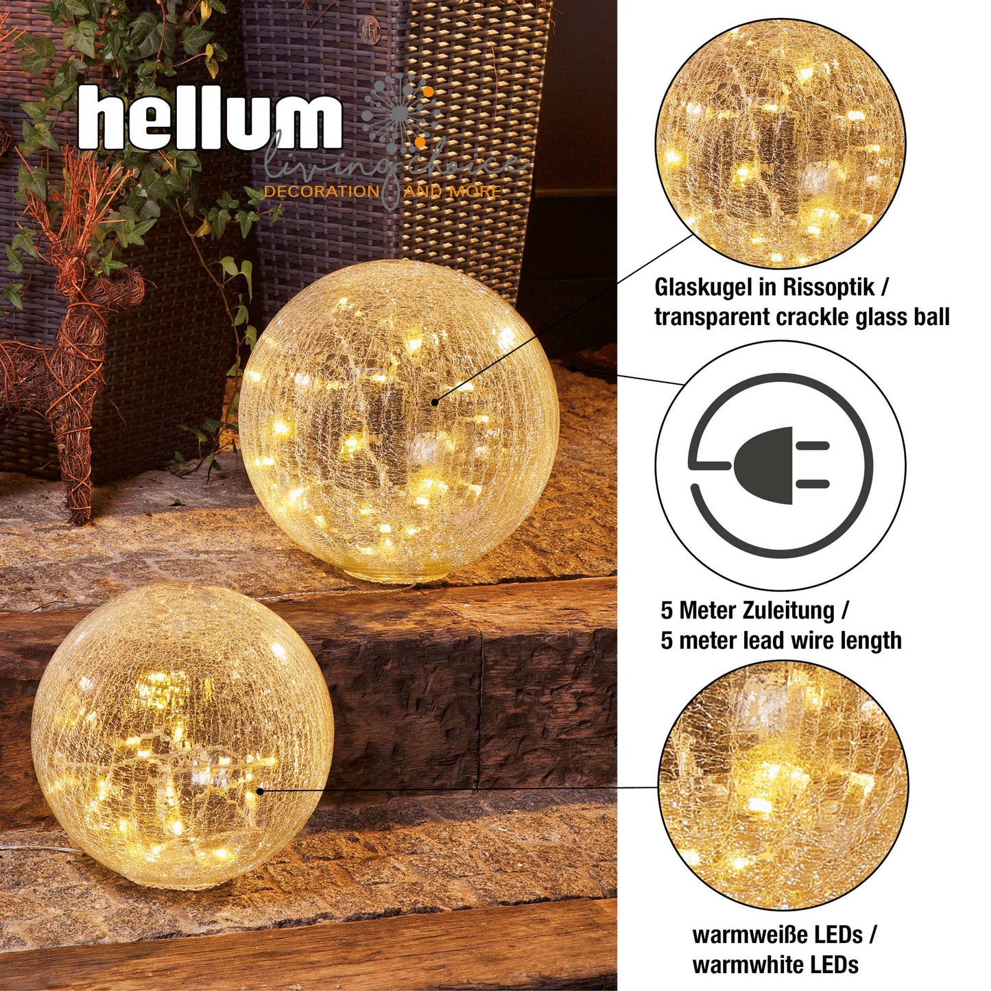 LED-Dekokugel Rissoptik, transparent, 24 warm-weiße LEDs, 25 cm Ø, Außen-Transformator