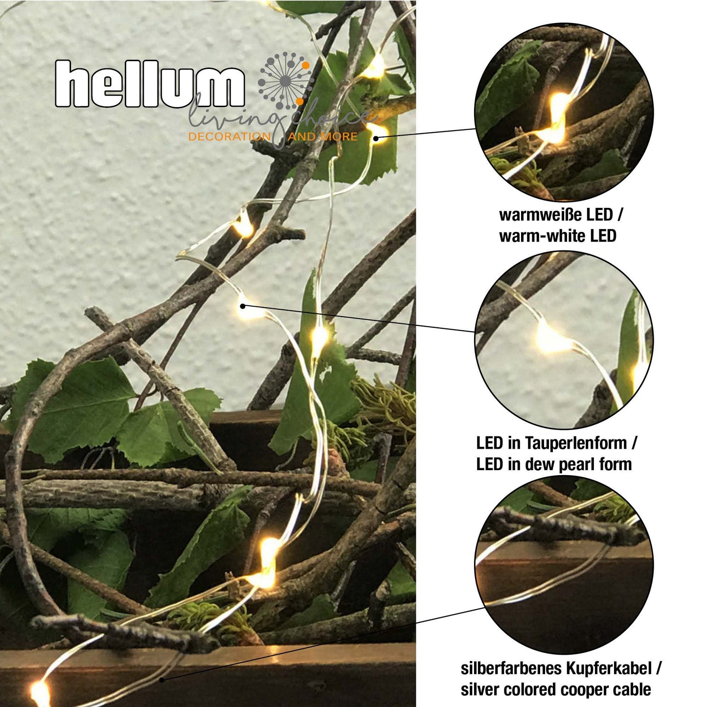 LED-Dekolichterkette mit Kupferkabel, 20 LEDs ww, batteriebetrieben