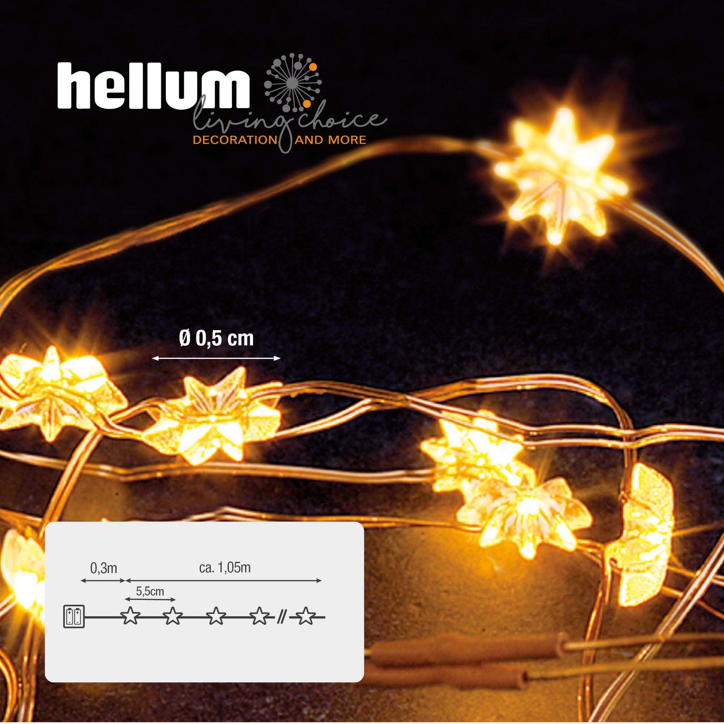 LED-Lichterkette, Kupferkabel "Sterne" , 20 LEDs gelb, batteriebetrieben