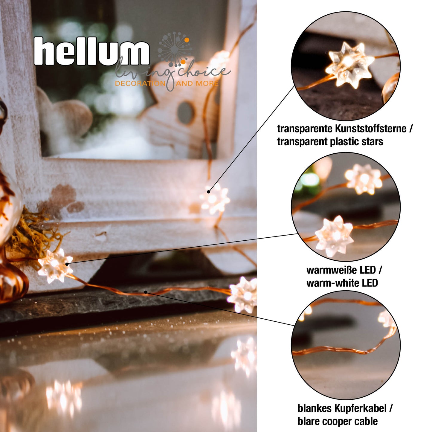 LED-Lichterkette, Kupferkabel "Sterne" , 20 LEDs gelb, batteriebetrieben