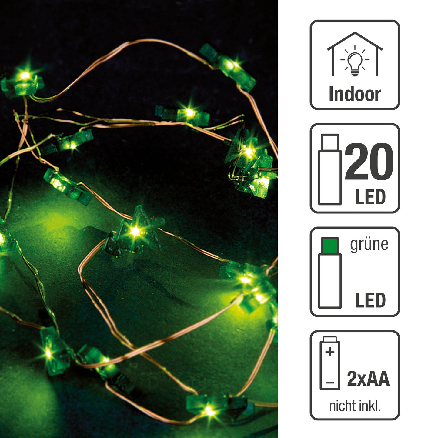 LED-Kette, "Tauperlen-Bäume", 20 LEDs grün, batteriebetrieben