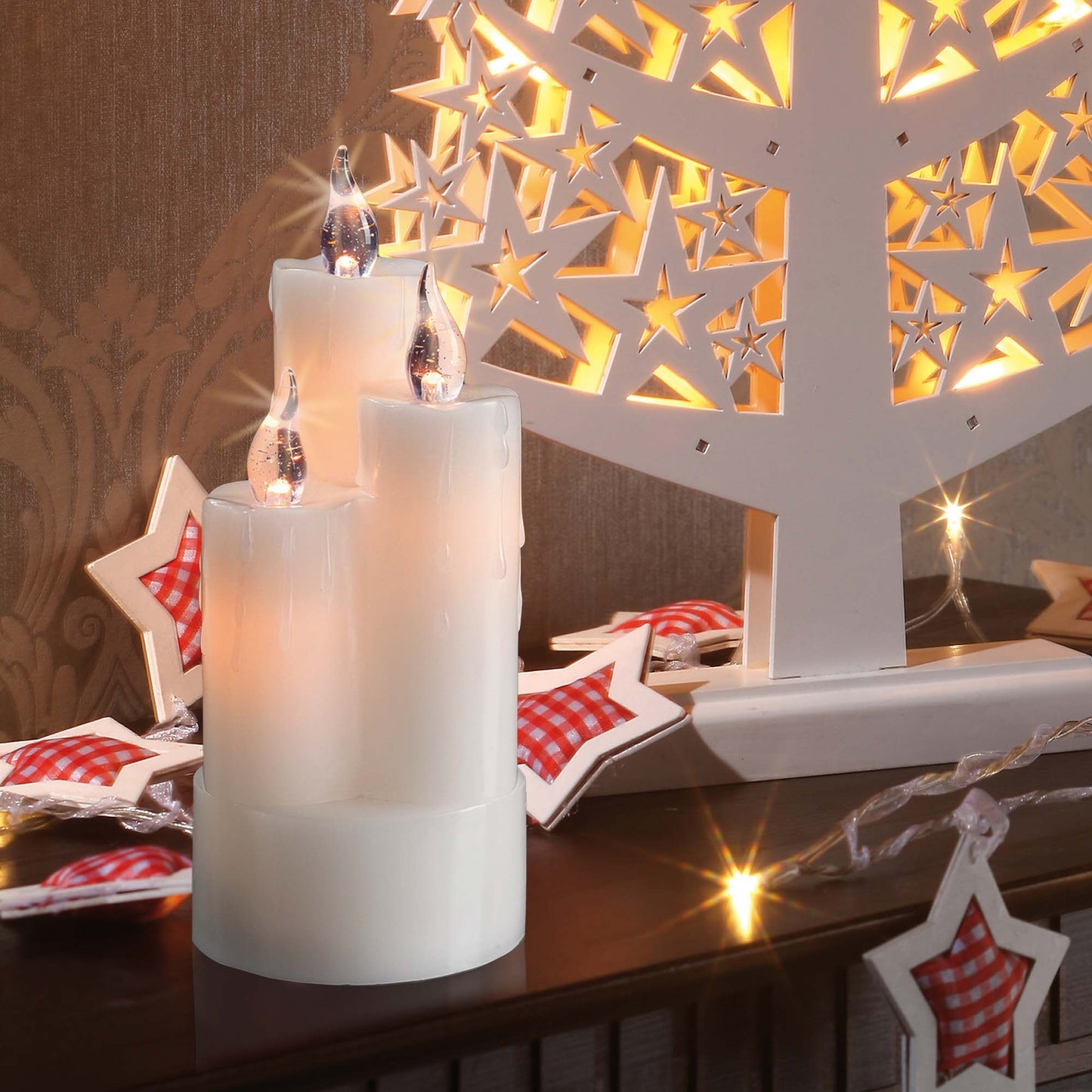 LED-Echtwachskerze, 3 Kerzen kombiniert, weiß, 6 LEDs ww, H: 20cm, DIA 8cm, batteriebetrieben