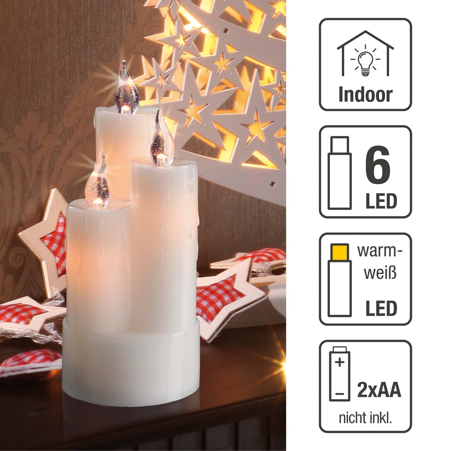 LED-Echtwachskerze, 3 Kerzen kombiniert, weiß, 6 LEDs ww, H: 20cm, DIA 8cm, batteriebetrieben