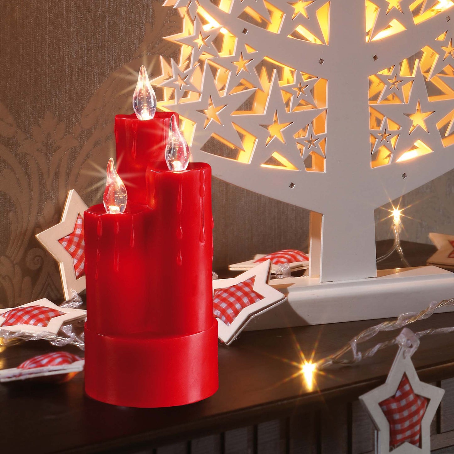 LED-Echtwachskerze, 3 Kerzen kombiniert, rot, 6 LEDs ww, H: 20cm, DIA 8cm, batteriebetrieben