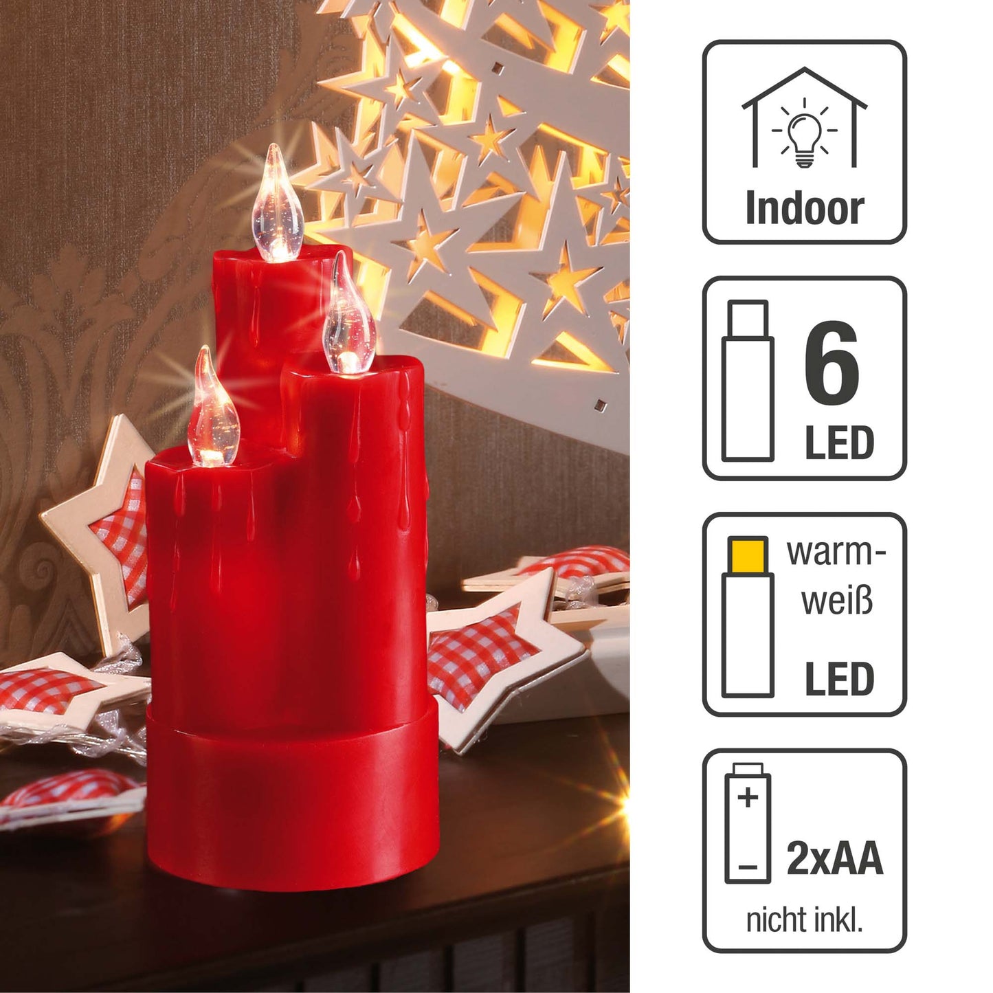 LED-Echtwachskerze, 3 Kerzen kombiniert, rot, 6 LEDs ww, H: 20cm, DIA 8cm, batteriebetrieben