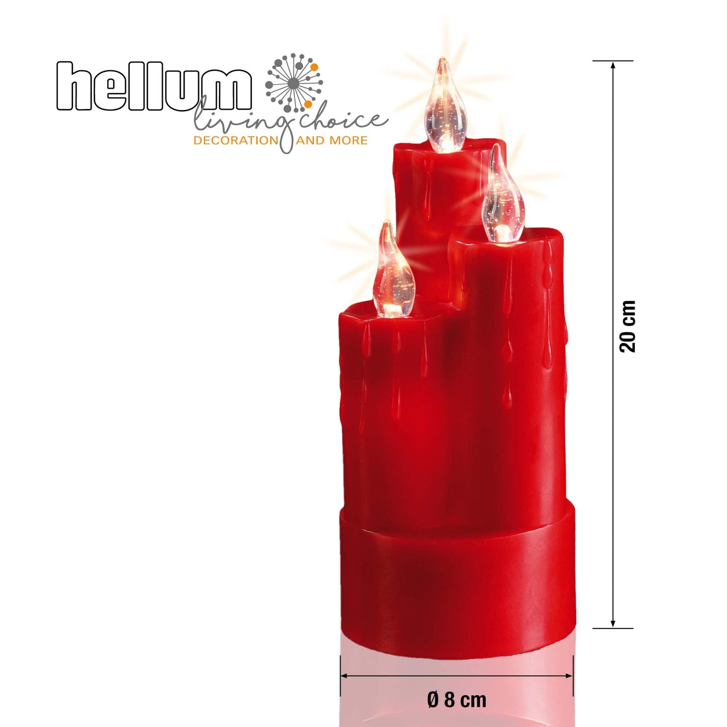 LED-Echtwachskerze, 3 Kerzen kombiniert, rot, 6 LEDs ww, H: 20cm, DIA 8cm, batteriebetrieben