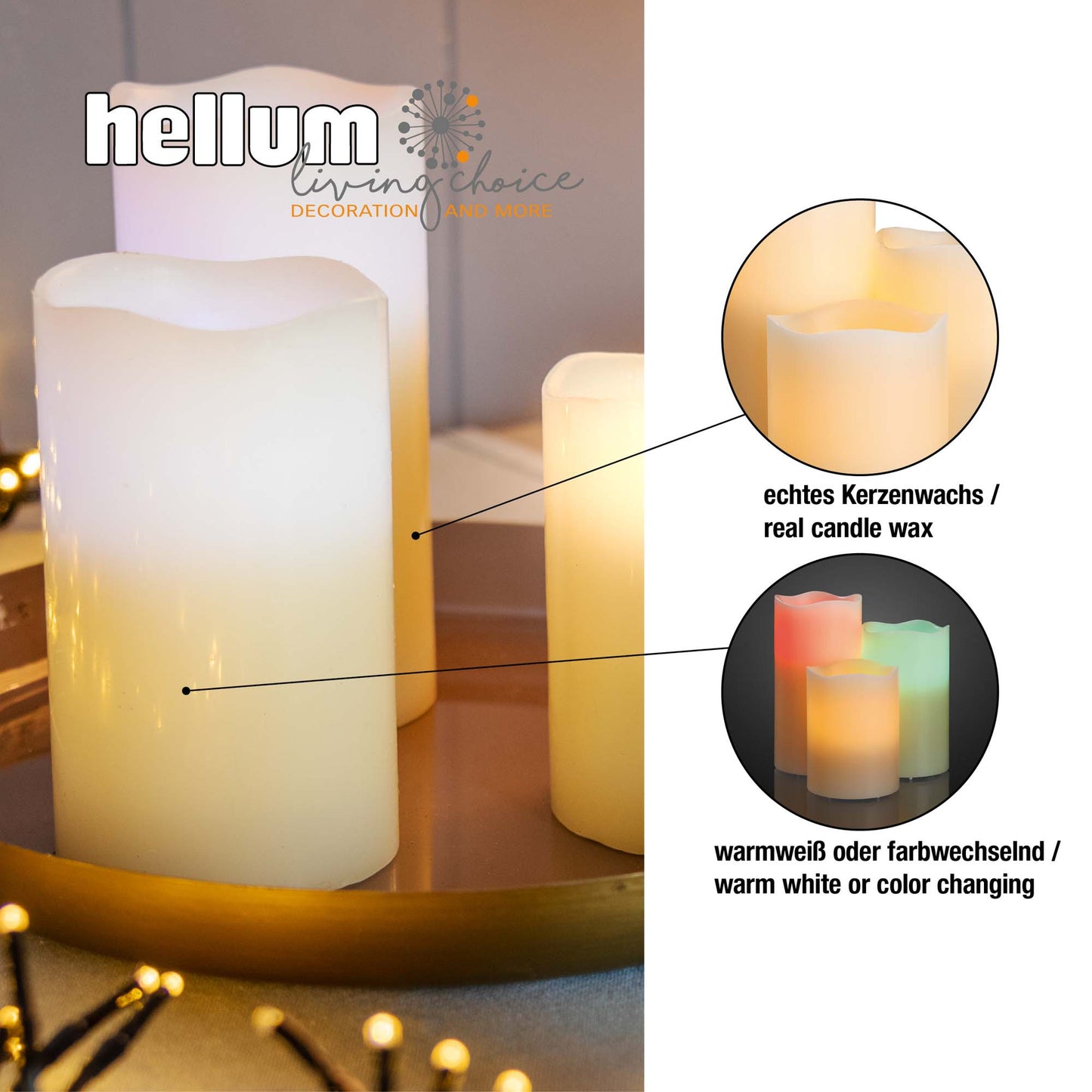Hellum Kerzen 3er Set 15/12,5/10cm hoch, weiß, RGB, Timer, Fernbedienung, batteriebetrieben_571950