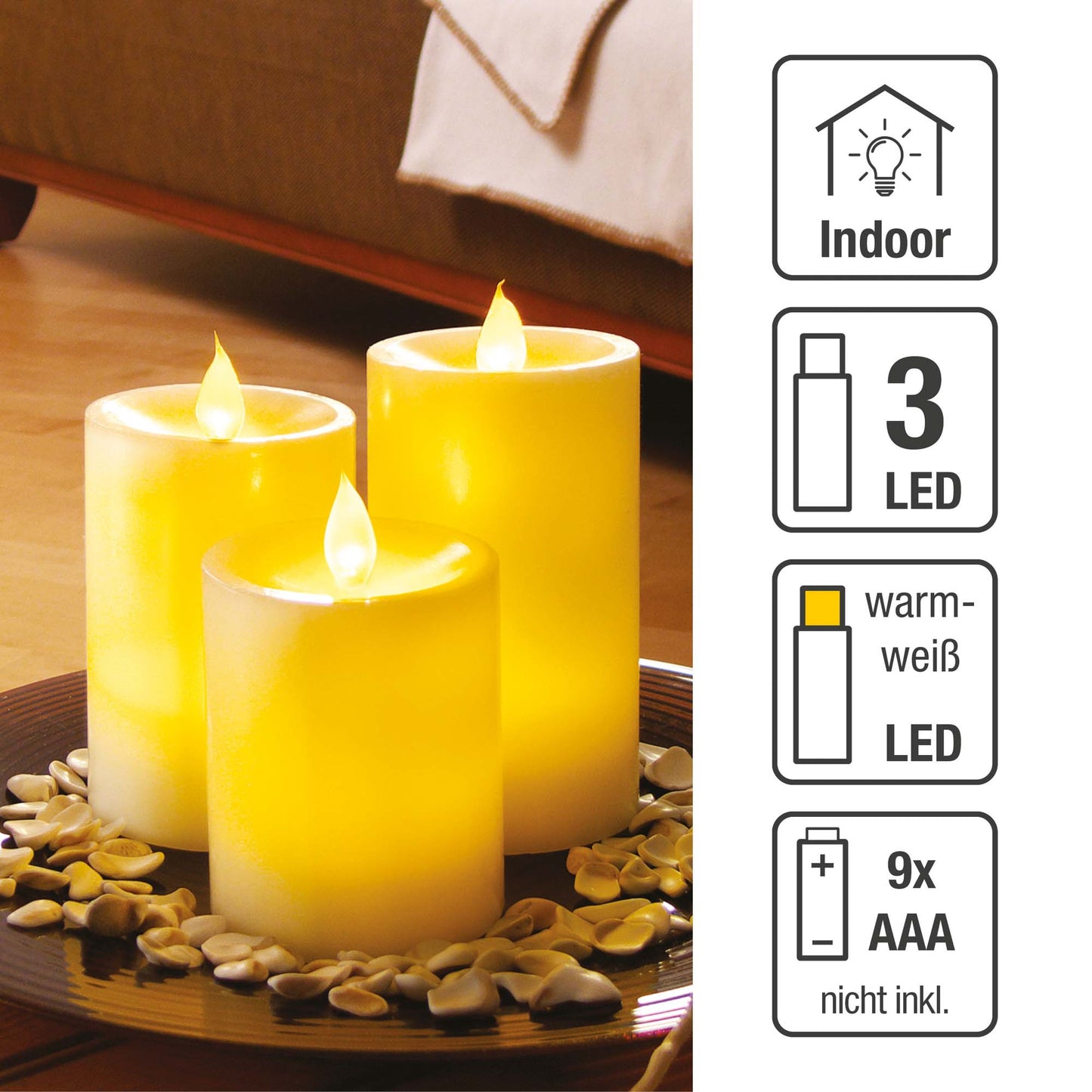 LED-Wachskerzen, 3er-Set, weiß, H: 11,5 cm, 3 LEDs gelb, Dämmerungssensor