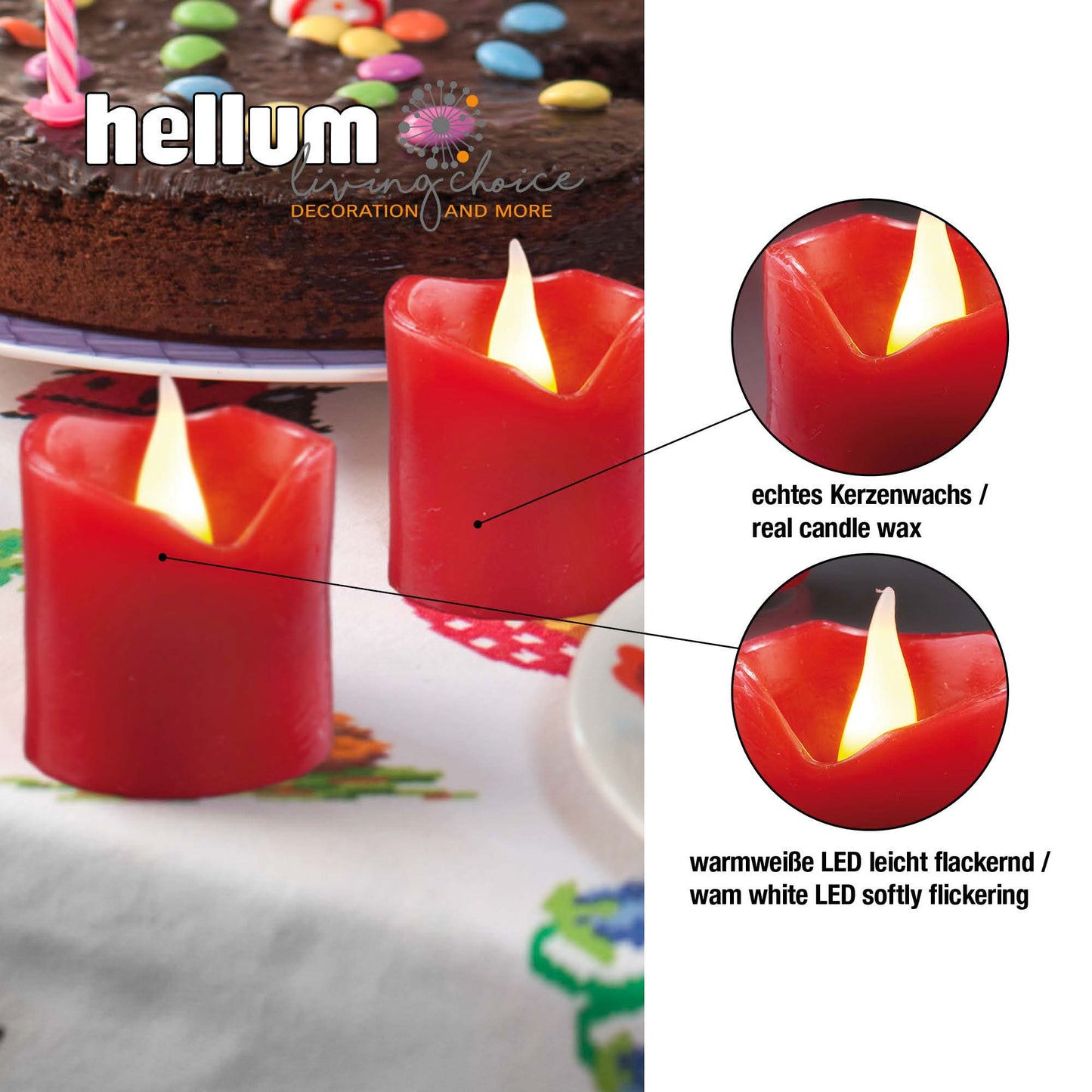 LED-Wachskerzen, 6er-Set, 5 cm hoch, 4 cm Ø, rot, gelbe LED, batteriebetrieben