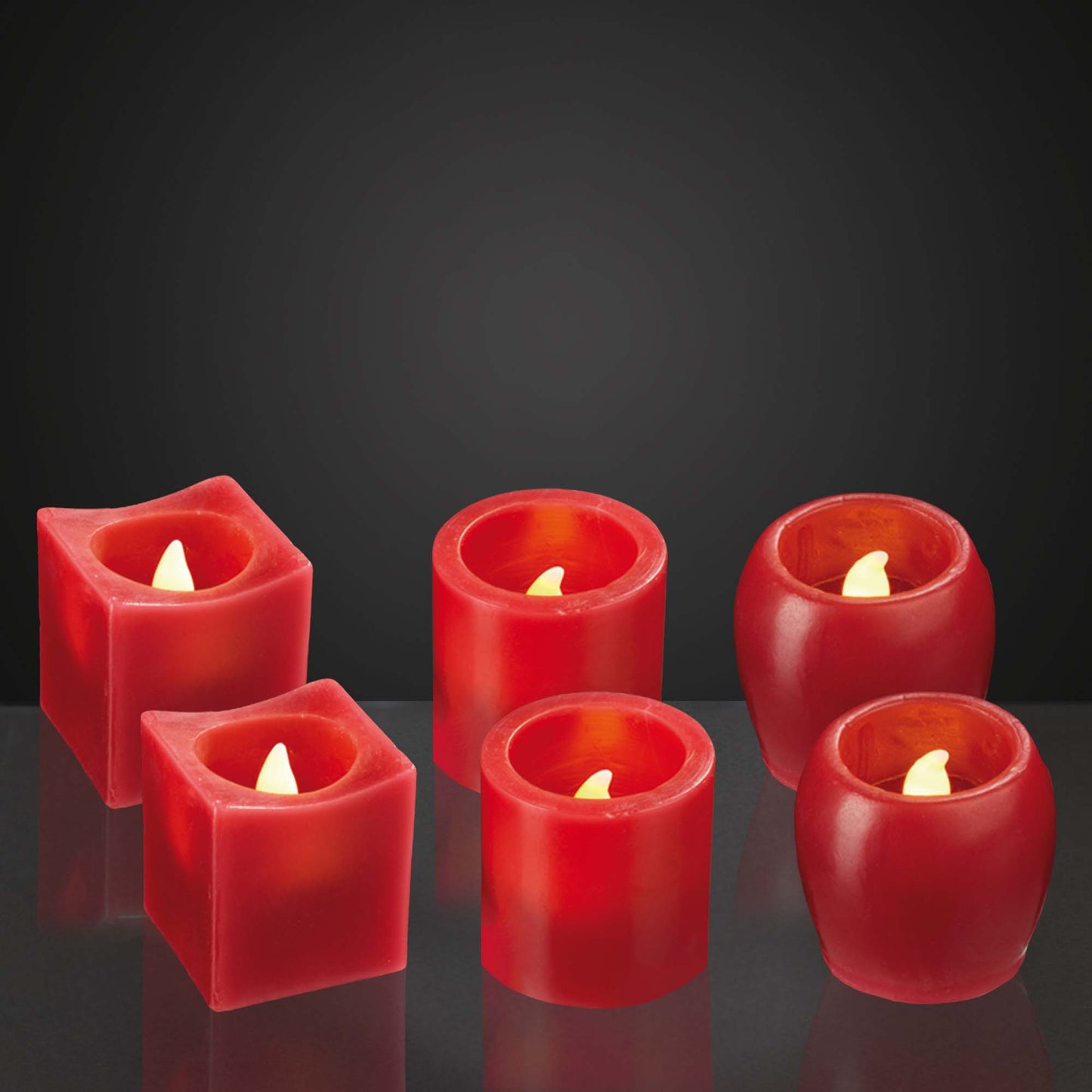 LED-Echtwachskerzen, 6er Set rot, verschiedene Formen, 5x5cm inkl. Batterien_572193