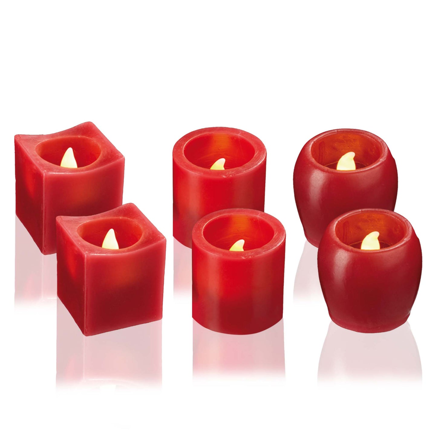 LED-Echtwachskerzen, 6er Set rot, verschiedene Formen, 5x5cm inkl. Batterien_572193