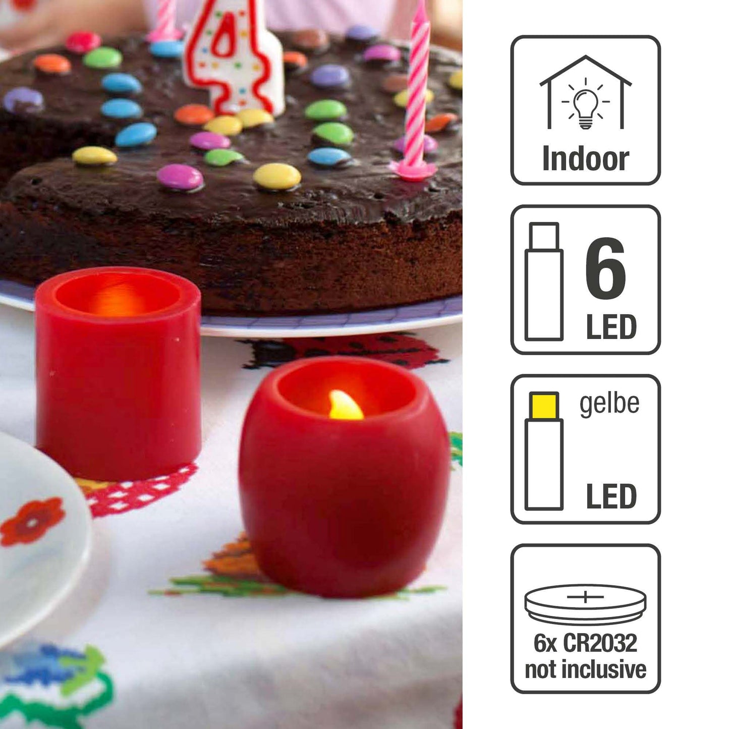 LED-Echtwachskerzen, 6er Set rot, H: 4cm DIA 4,2cm, inkl. Batterien
