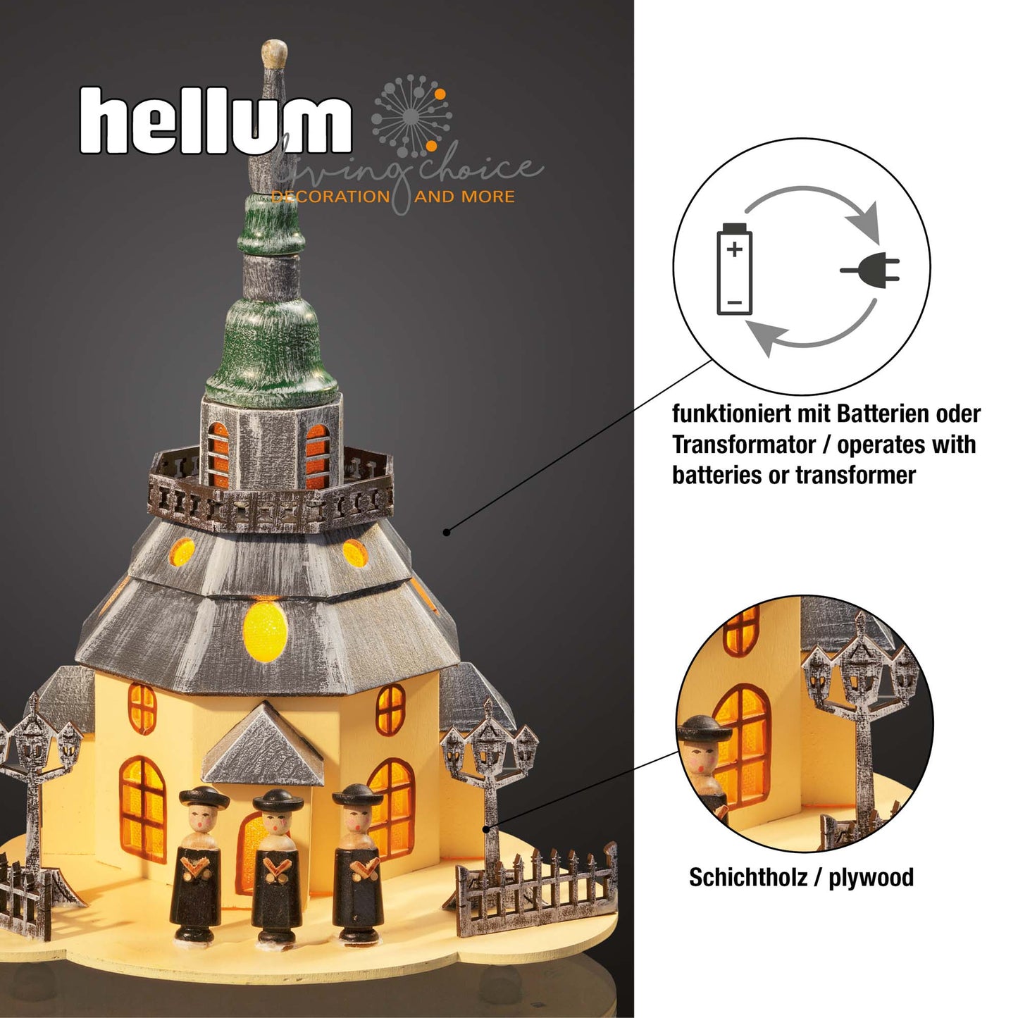 LED-Holzkirche m. Sängern, 5 LEDs ww, 21x20x29cm, Innen-Trafo