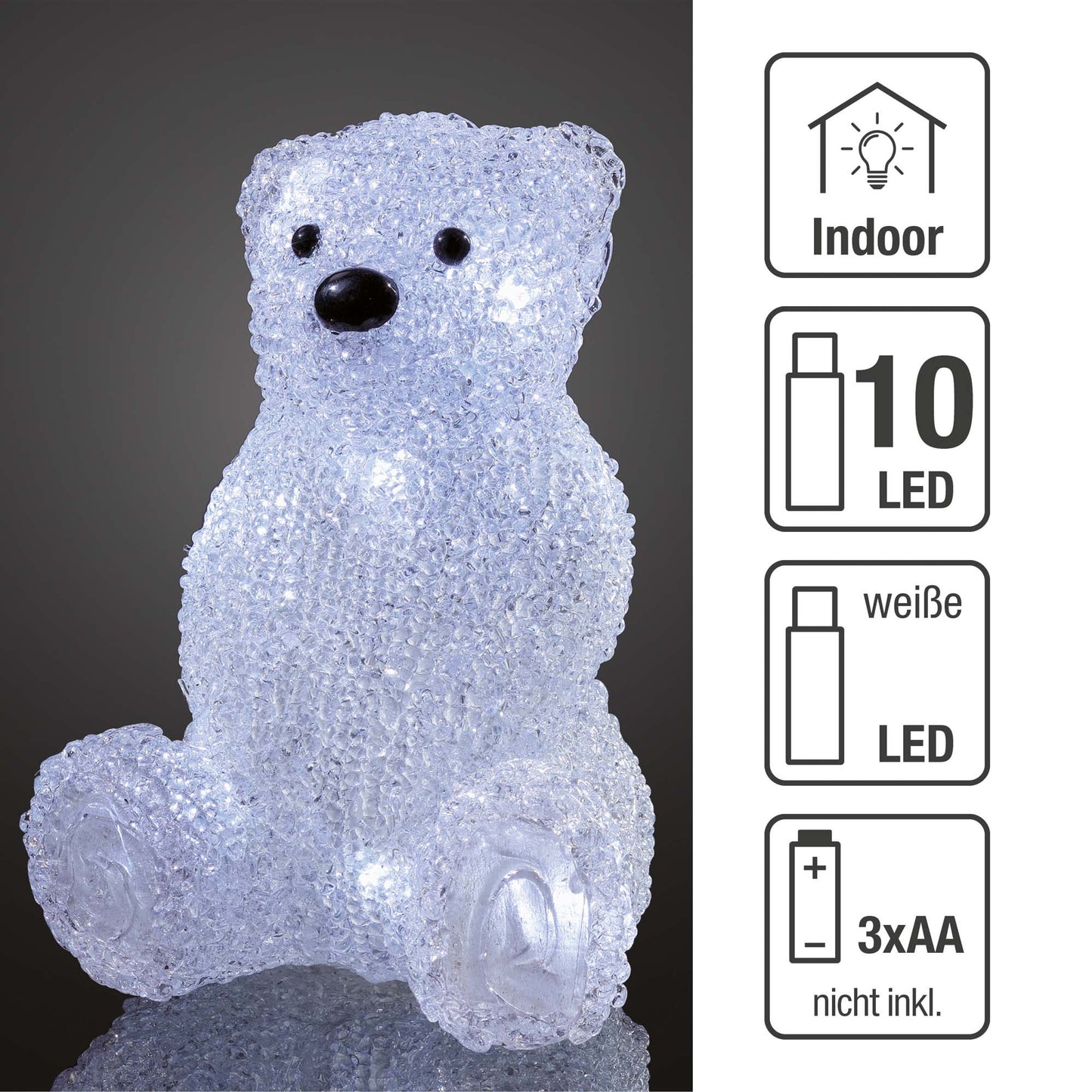 LED-Acryl Eisbär sitzend, 10 LEDs w, 14x19cm, batteriebetrieben