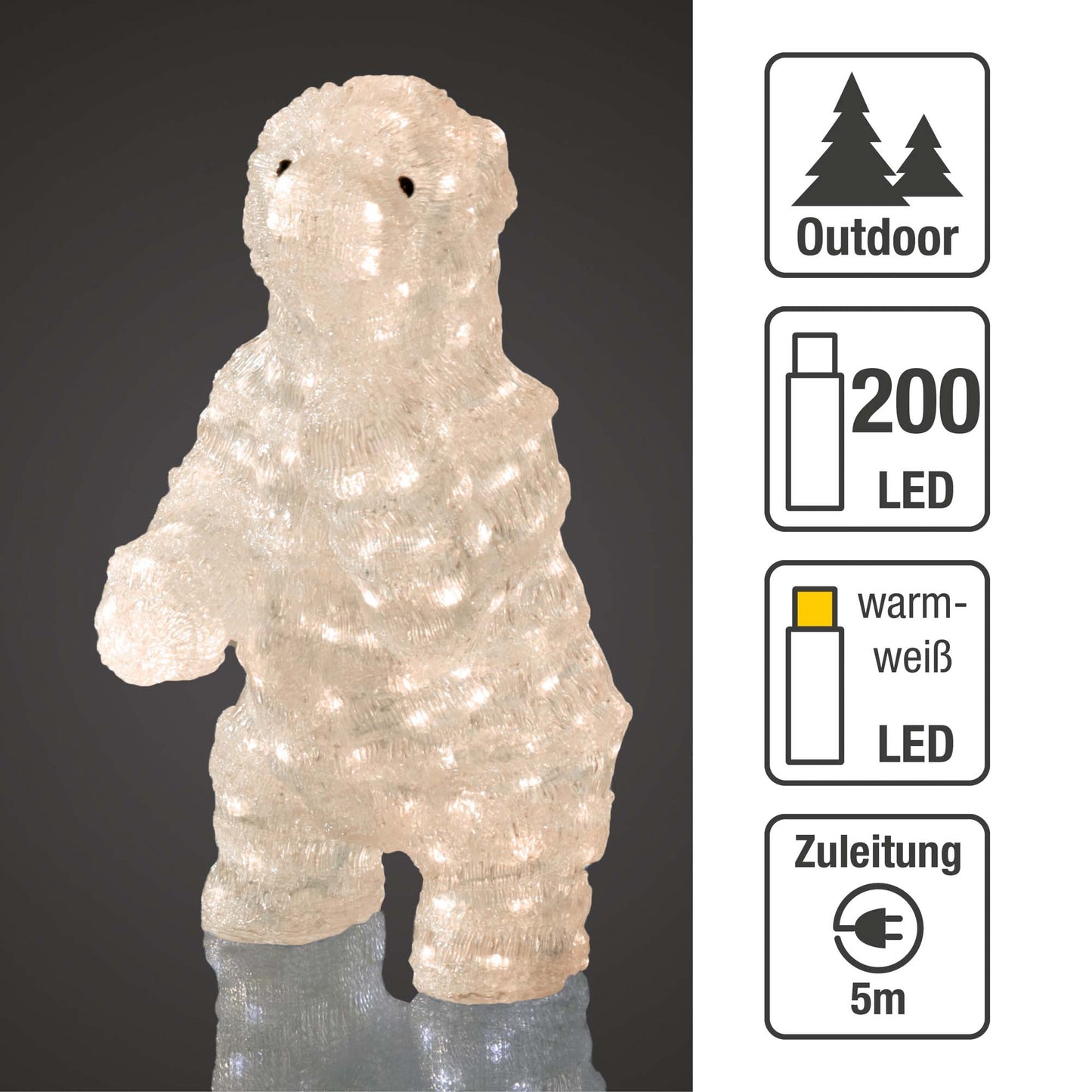 LED-Acryl Eisbär stehend, 200 LEDs ww, 25x25x50cm, Außen-Transformator
