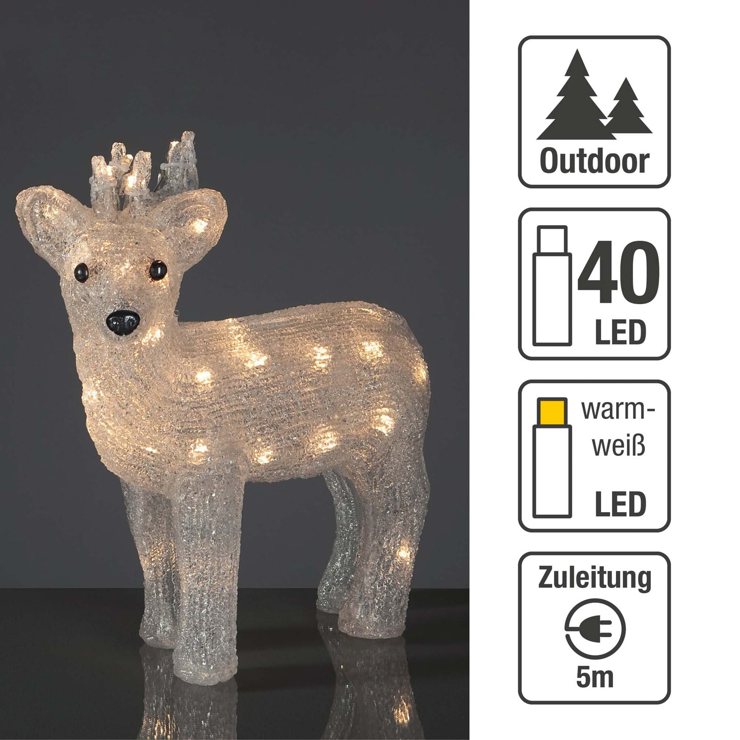 LED-Acryl-Rentier, 40 LEDs ww, H: 35cm, Außen-Transformator_575224