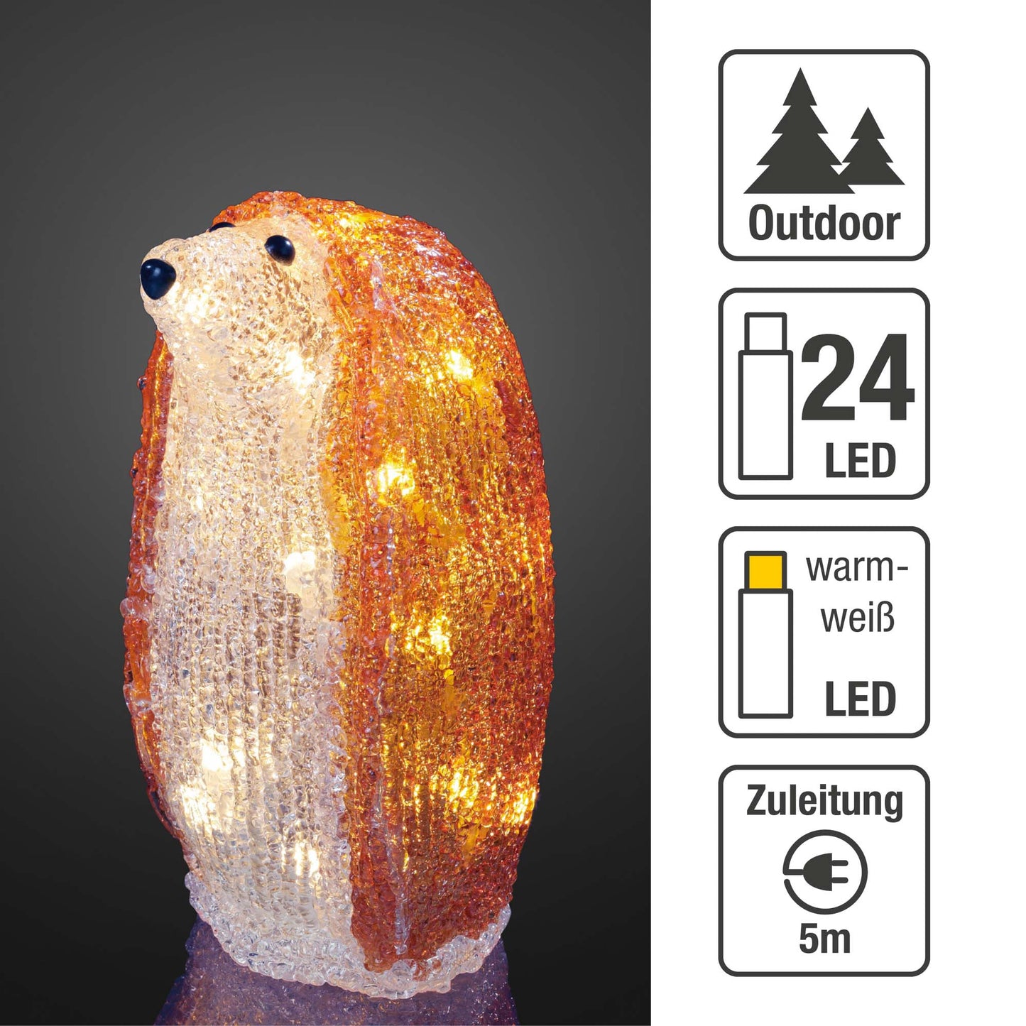LED-Acryl-Igel, H: 19cm, 24 LEDs ww, Außen-Transformator