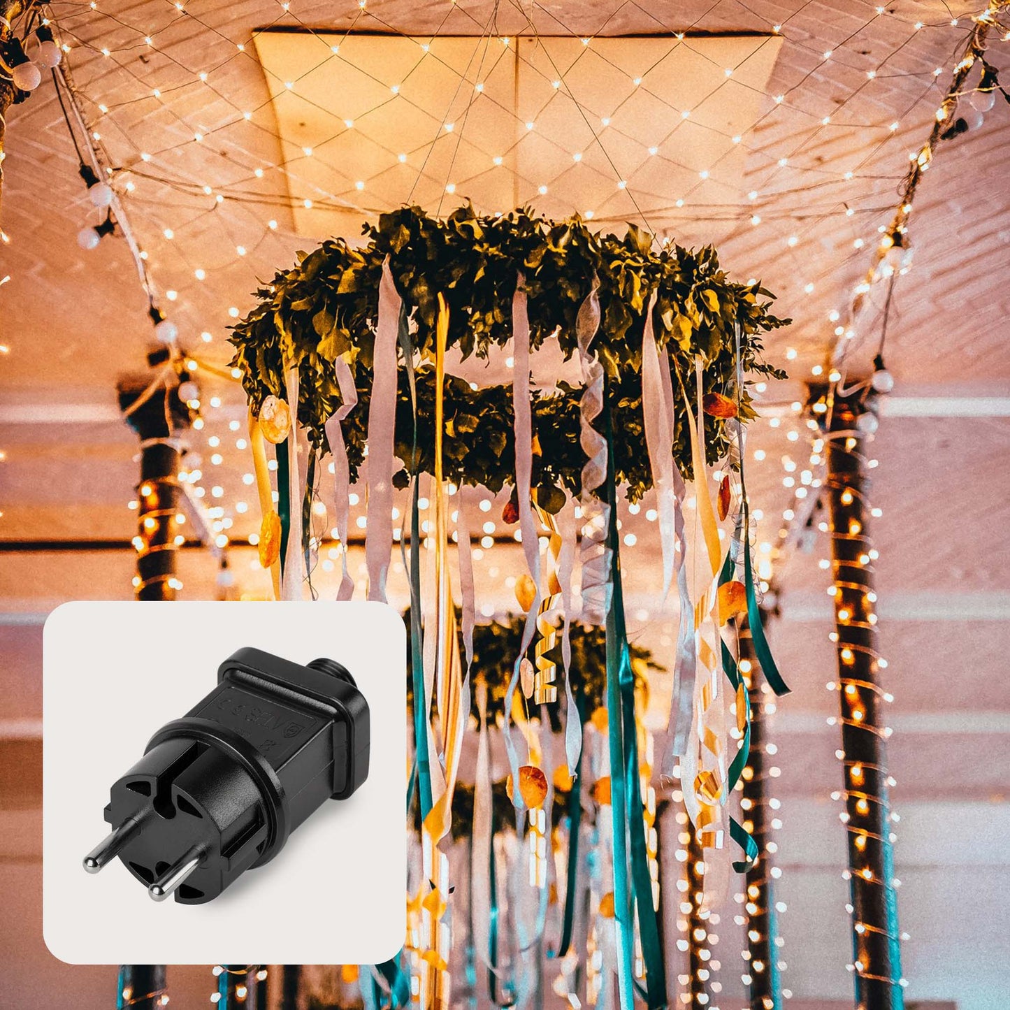 208-tlg. LED-Lichtnetz, 3 x 3 m, warm-weiße LEDs, Außen-Trafo