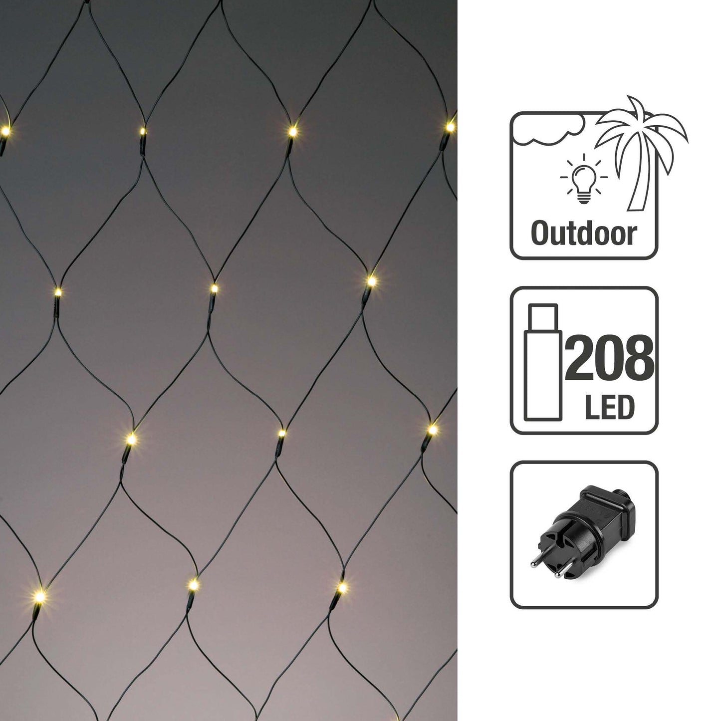 208-tlg. LED-Lichtnetz, 3 x 3 m, warm-weiße LEDs, Außen-Trafo