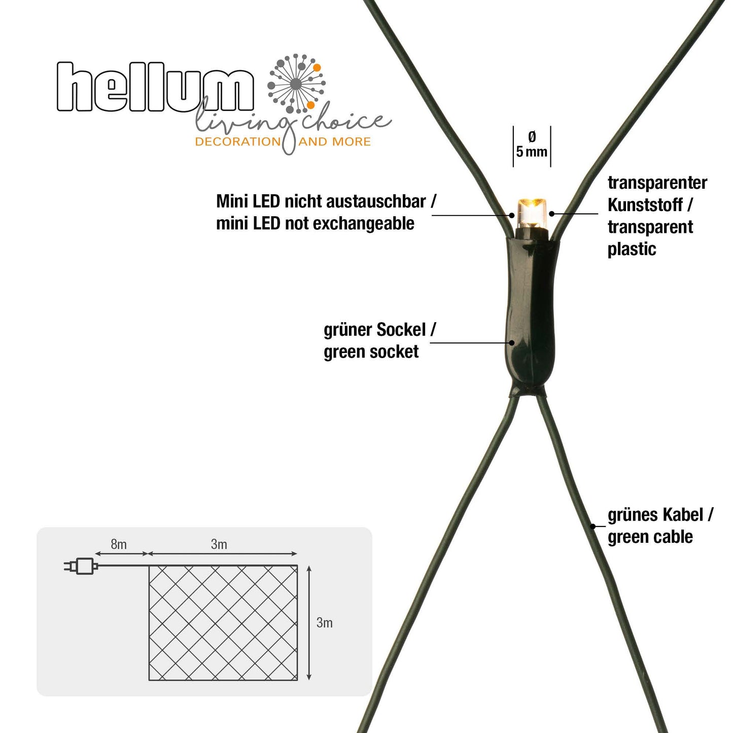 208-tlg. LED-Lichtnetz, 3 x 3 m, warm-weiße LEDs, Außen-Trafo