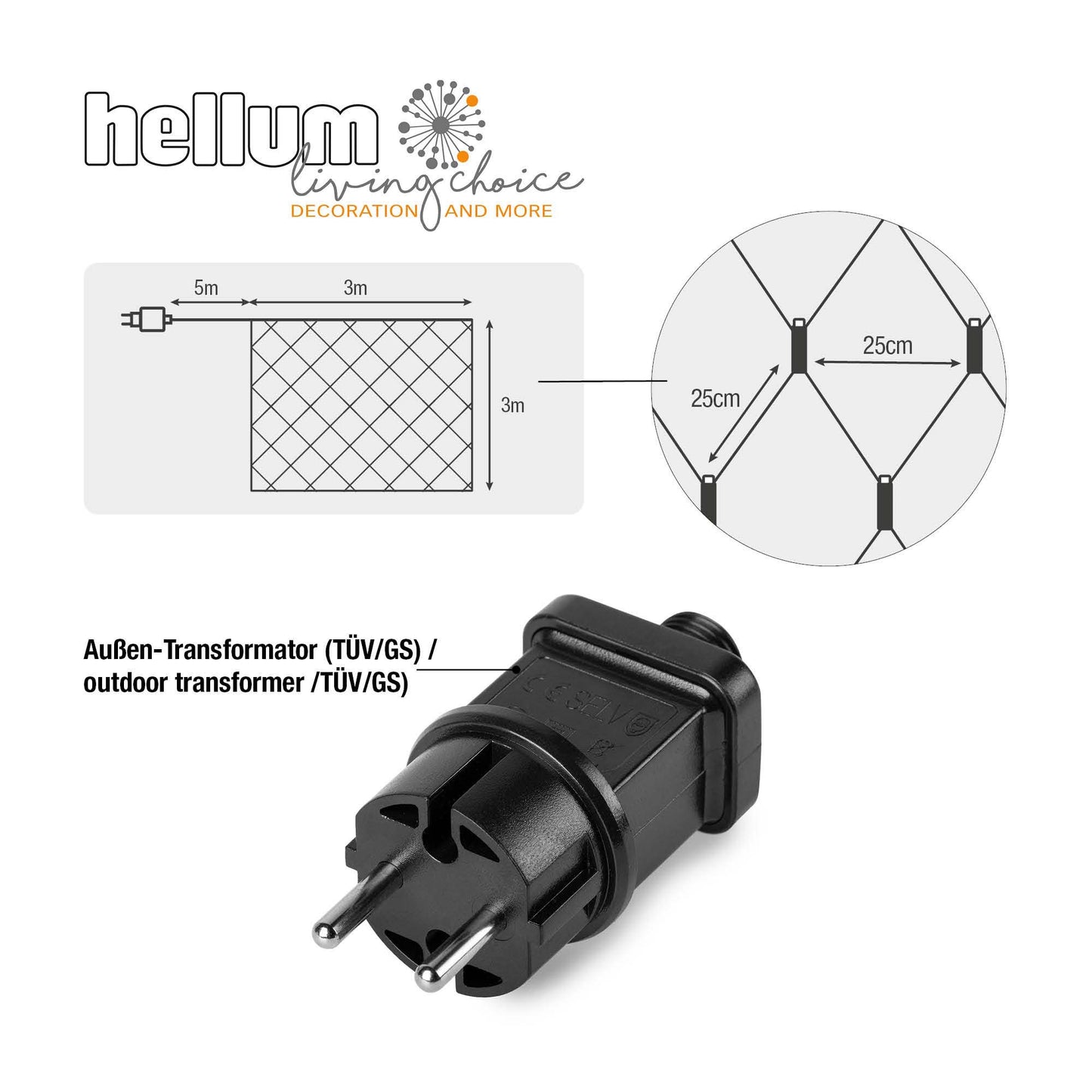 208-tlg. LED-Lichtnetz, 3 x 3 m, warm-weiße LEDs, Außen-Trafo