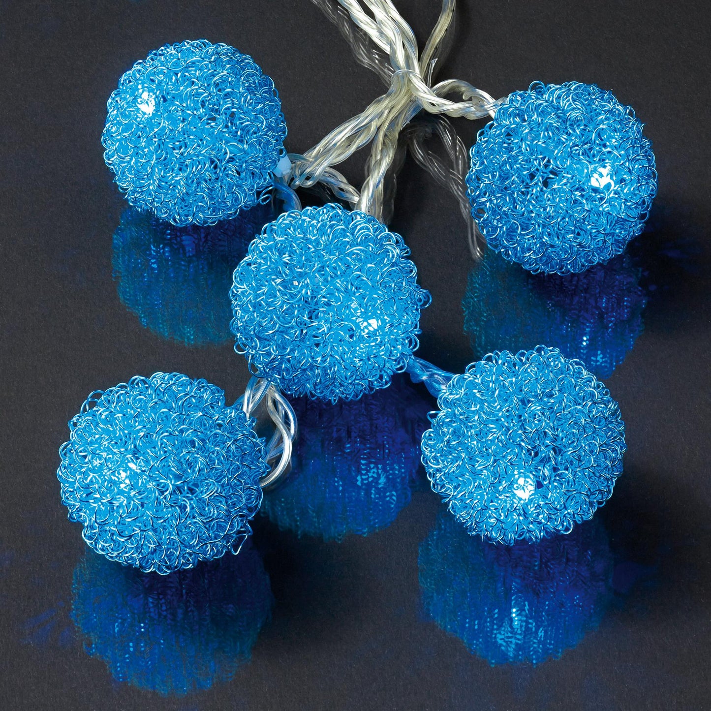 LED-Lichterkette mit blauen Metallkugeln, 20 LEDs blau, Innen-Transformator