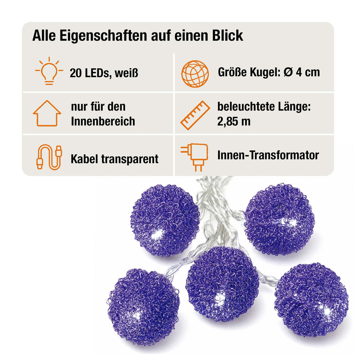LED Lichterkette mit lilanen Metallbällen innen, 20 LED weiß, 2,85 m beleuchtet, transparentes Kabel, Innen-Transformator