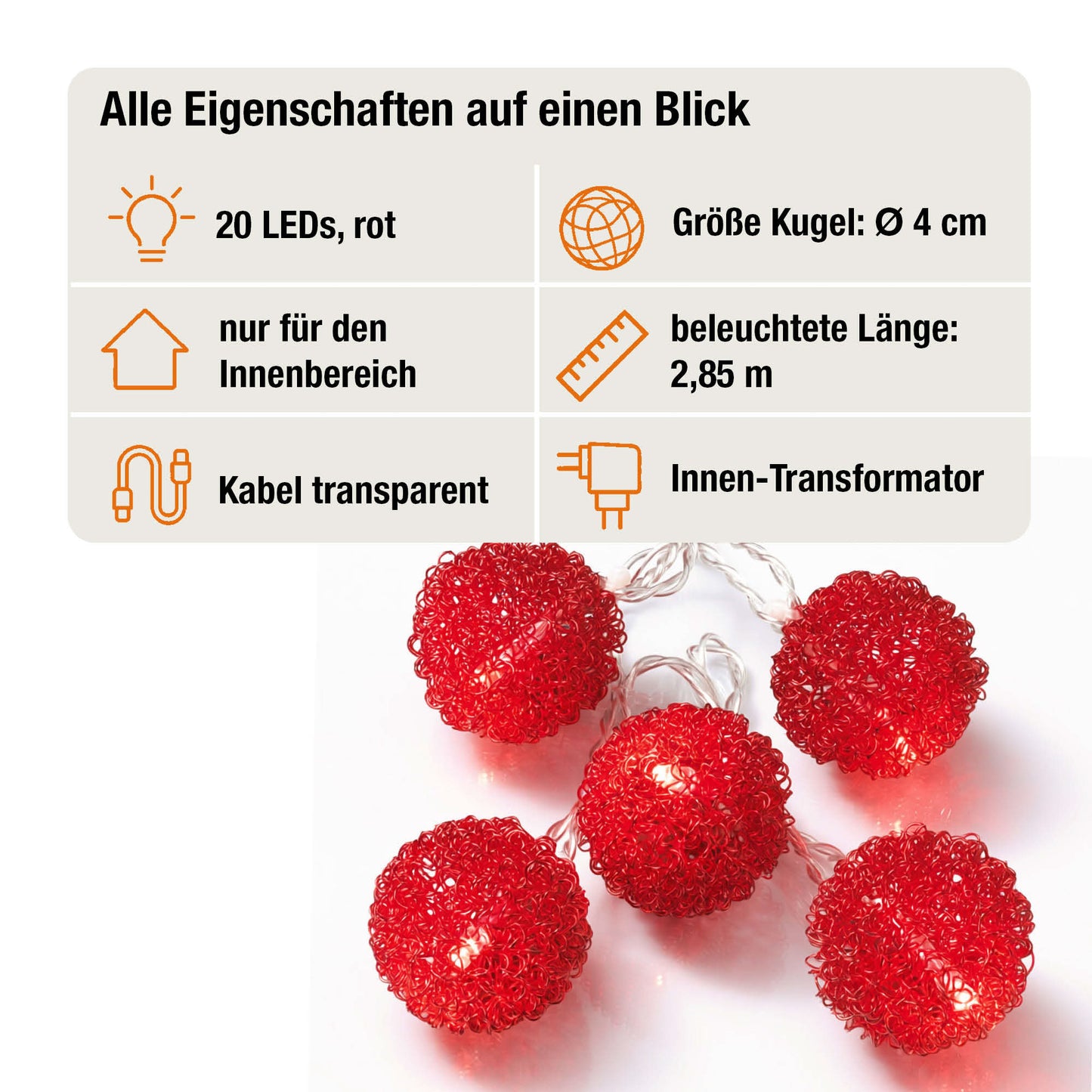 LED-Lichterkette mit roten Metallkugeln, 20 LEDs rot, Innen-Transformator