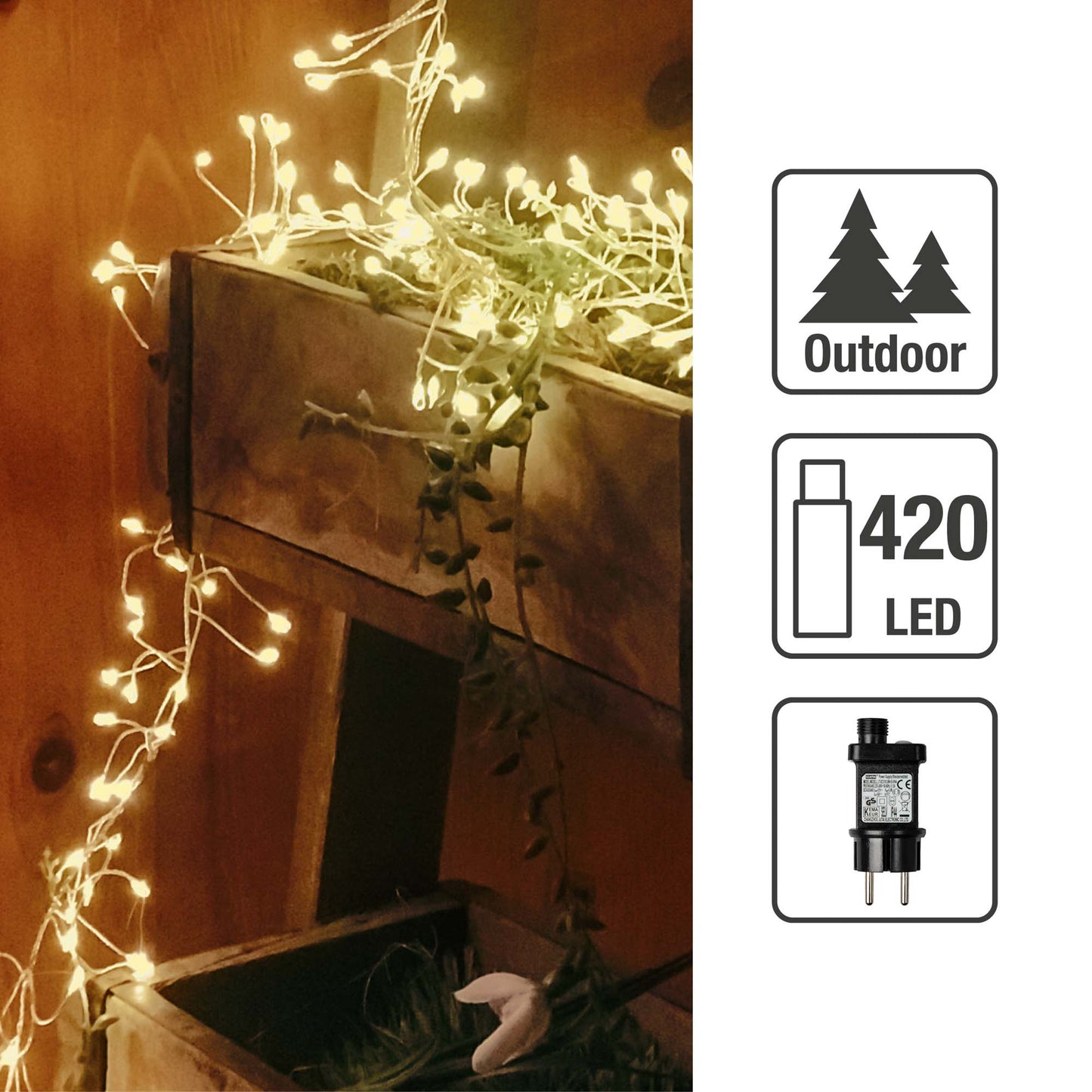 420-tlg. LED-Cluster-Girlande, bernstein, kupferfarbenes Kabel, Timer, Außen-Trafo