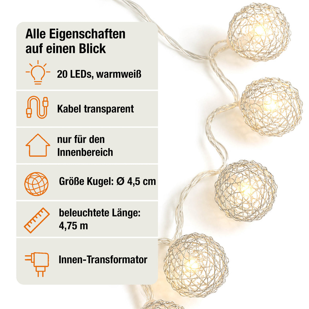 LED-Lichterkette mit Metallbällen, 20 LEDs weiß, Innentrafo