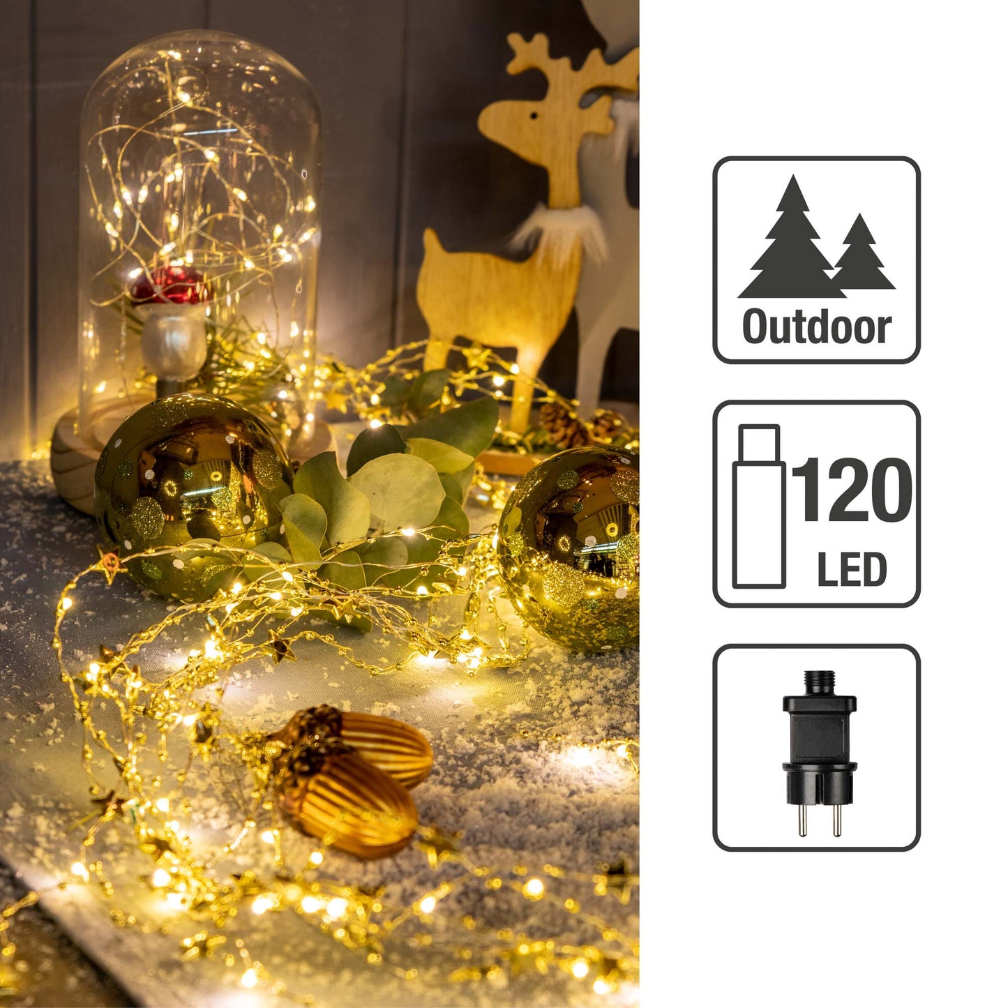 120-tlg. LED-Sternen-Girlande, warm-weiß, goldene Sterne, kupferfarbenes Kabel, Timer, Innen-Trafo