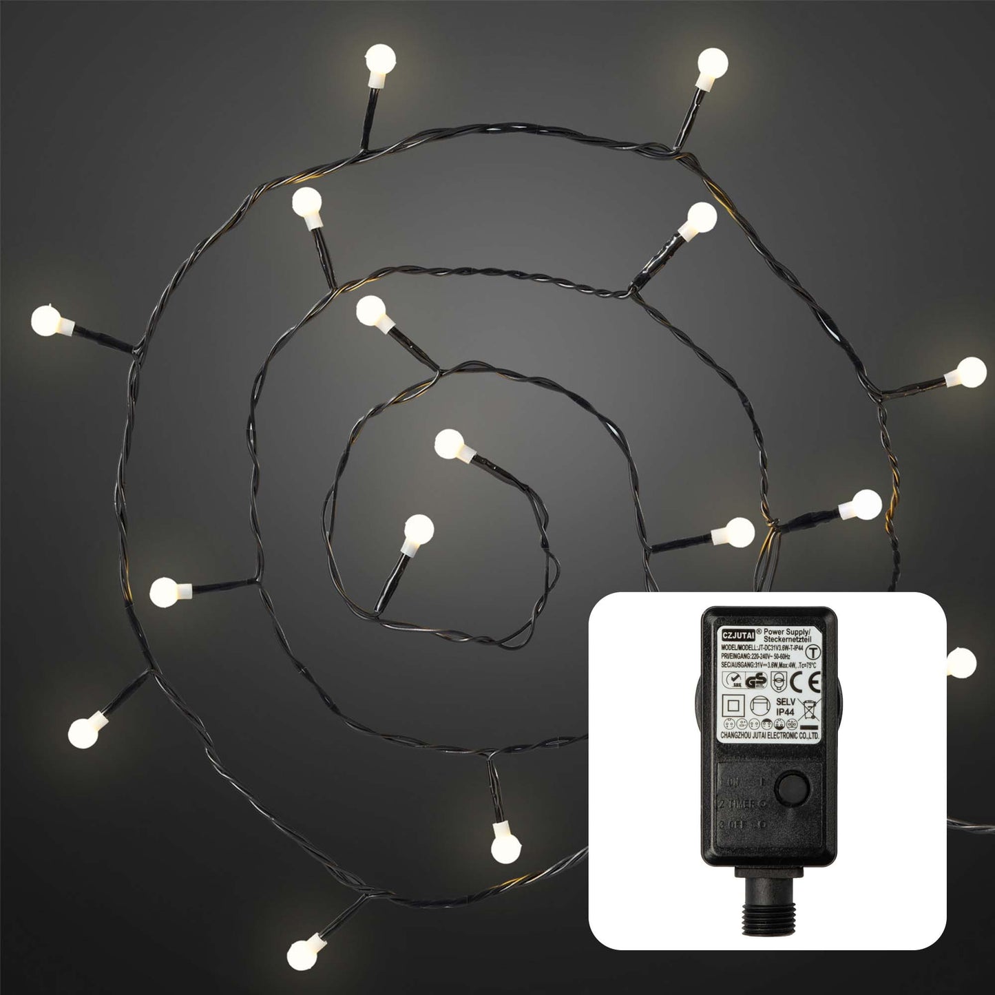 LED-Lichterkette mit Perlen, 80 LEDs ww, mit Timer, Außen-Transformator