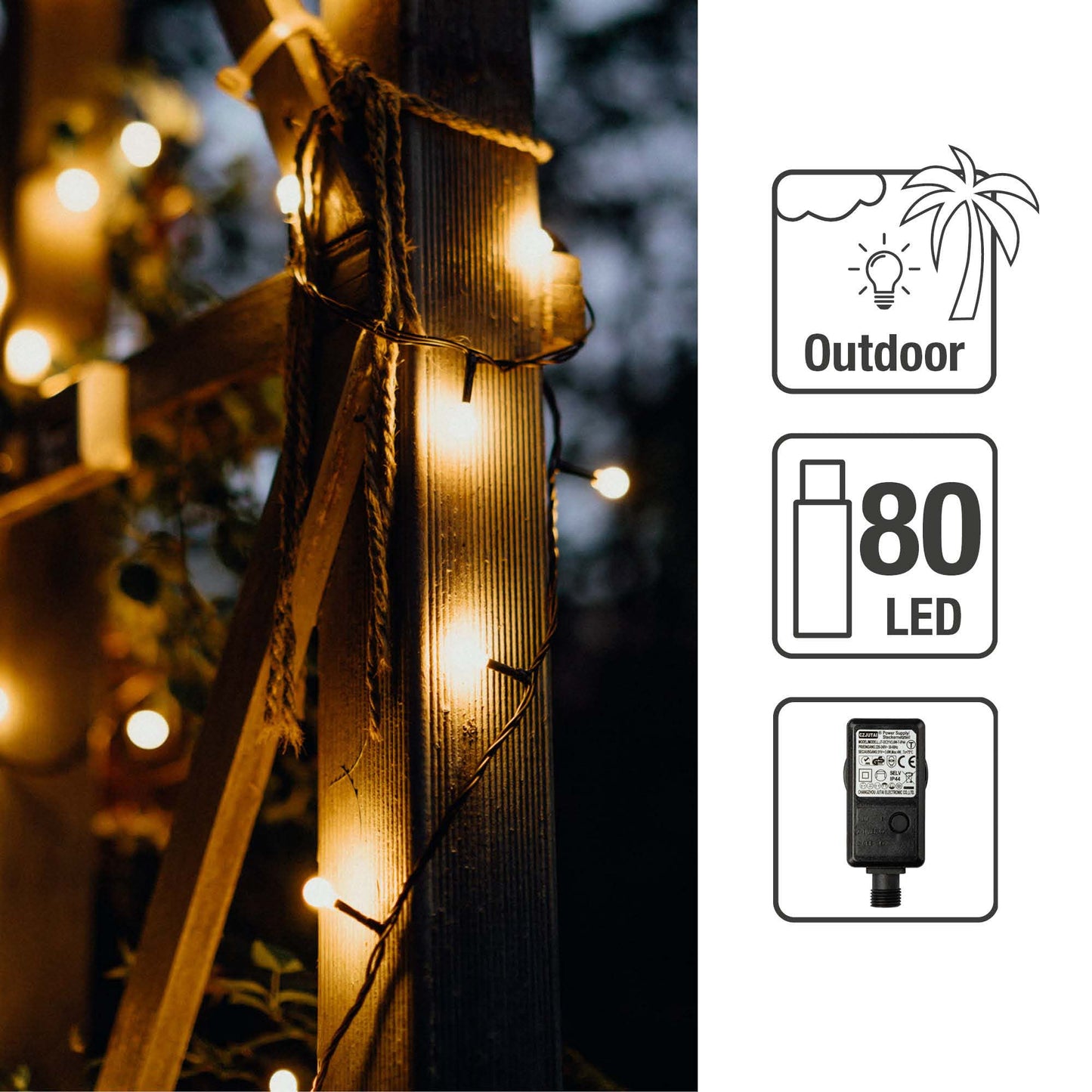 LED-Lichterkette mit Perlen, 80 LEDs ww, mit Timer, Außen-Transformator