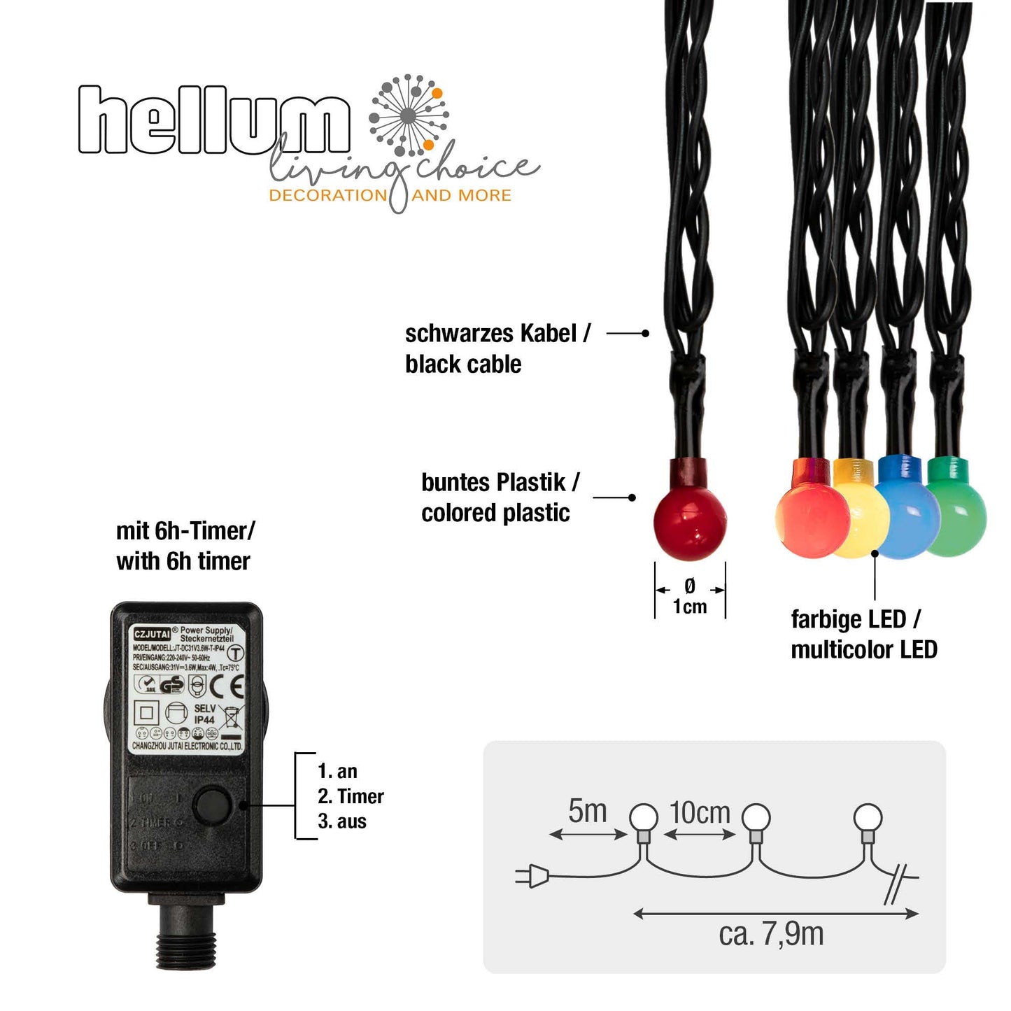 LED-Lichterkette mit Perlen, 80 LEDs multicolor, mit Timer, Außen-Transformator