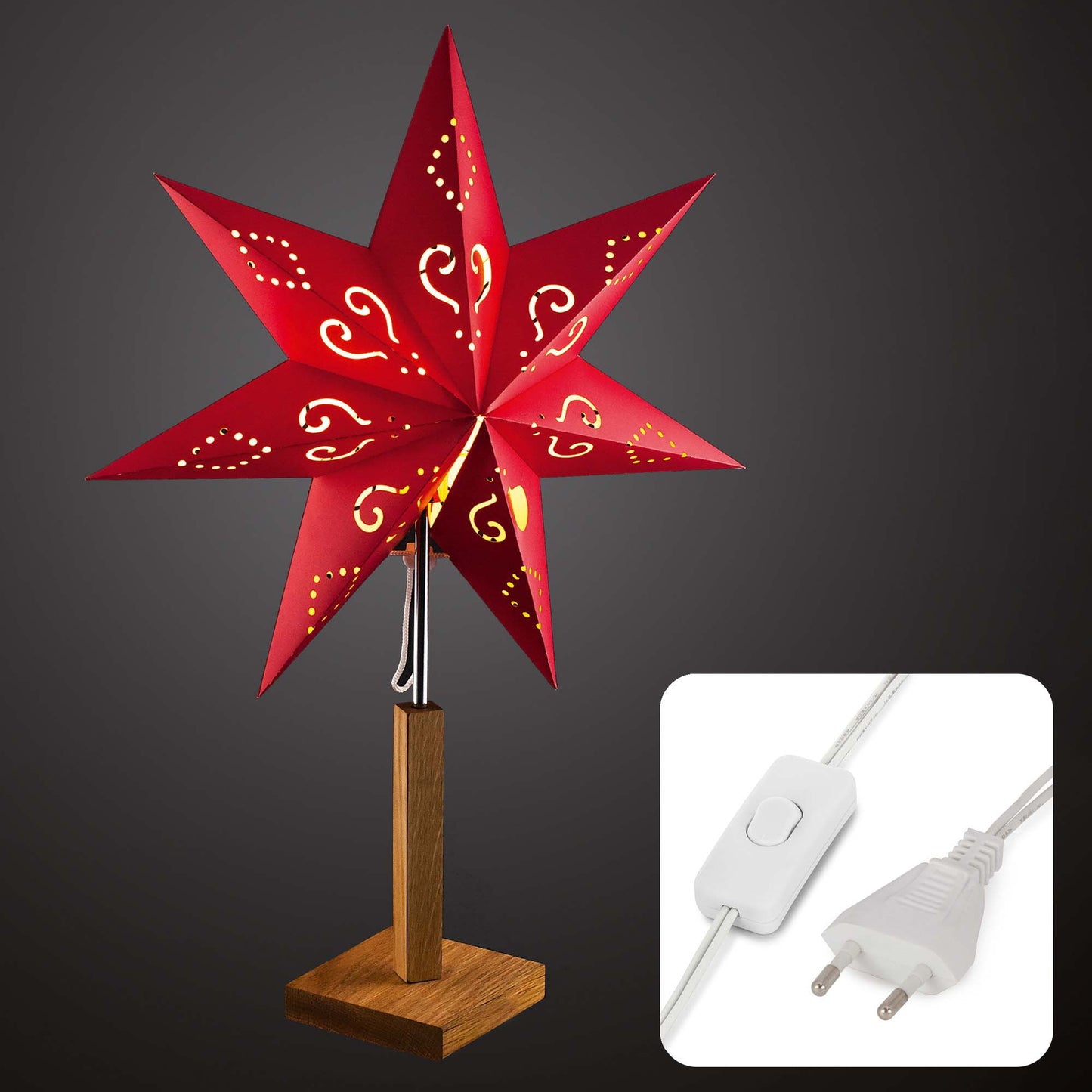 LED-Papierstern mit Holzstandfuß, rot, E 14, ohne Lampe