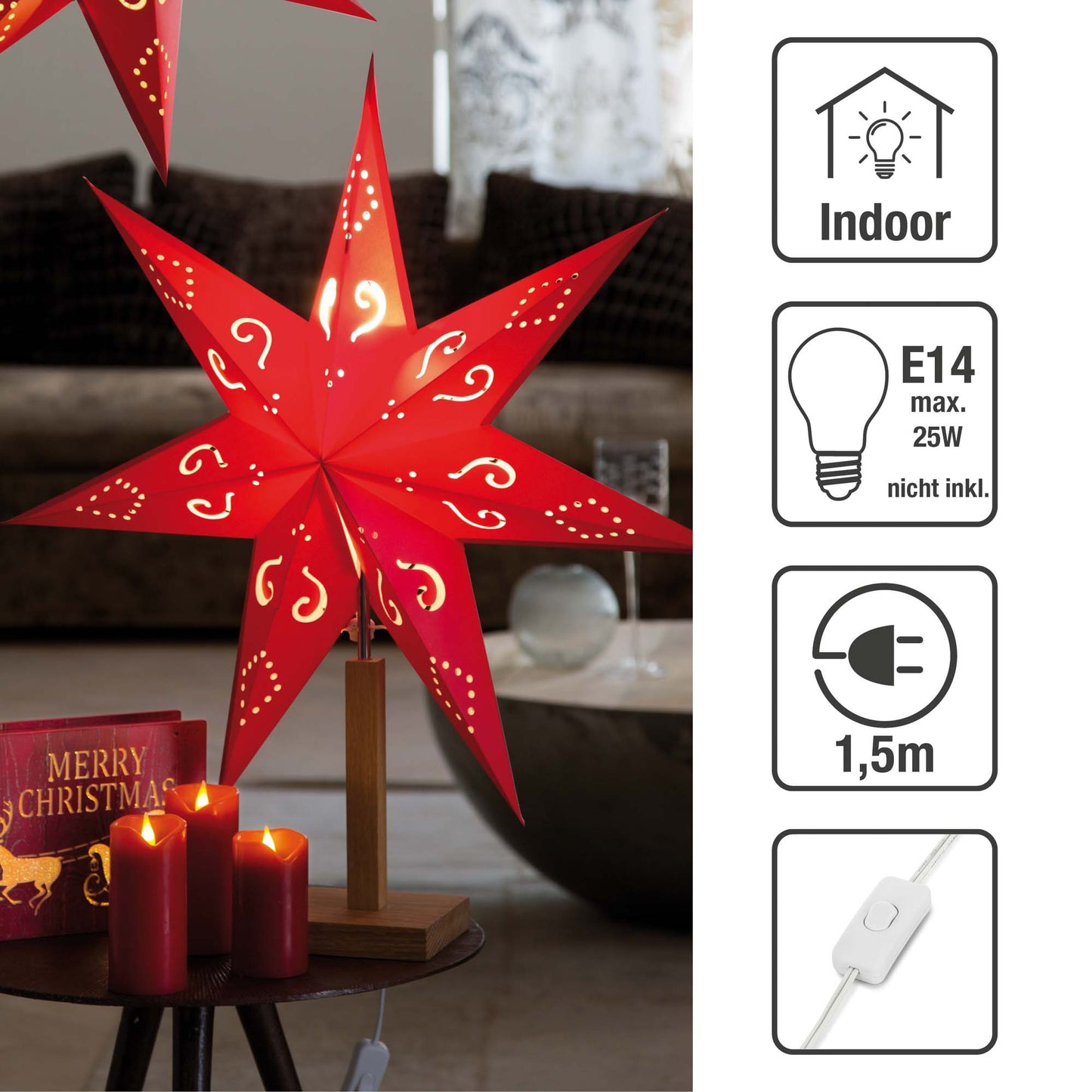 LED-Papierstern mit Holzstandfuß, rot, E 14, ohne Lampe