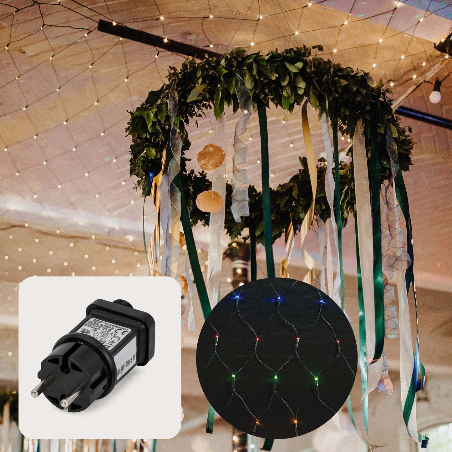 LED-Lichtnetz, 1,5*1,5m, 100 LEDs, umschaltbar von ww auf multicolor, Trafo, Outdoor