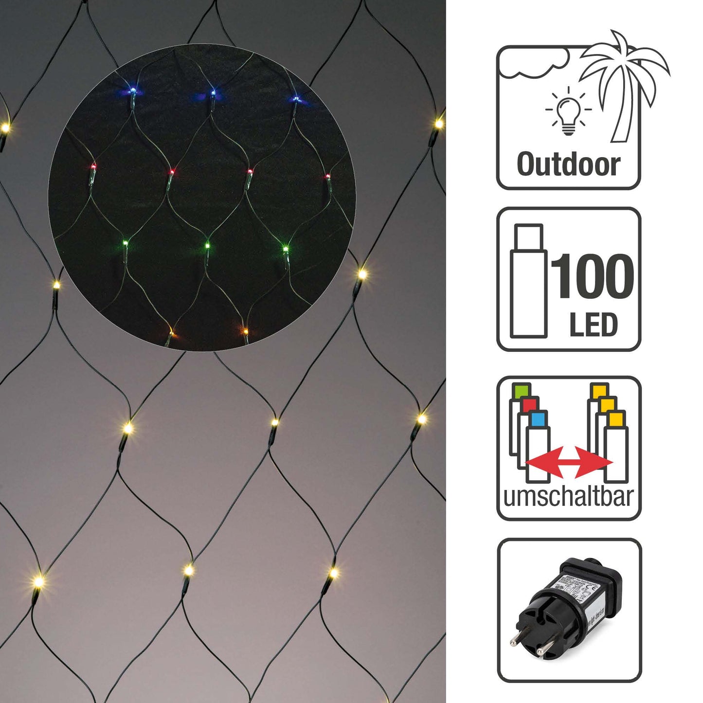 LED-Lichtnetz, 1,5*1,5m, 100 LEDs, umschaltbar von ww auf multicolor, Trafo, Outdoor